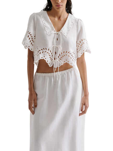 Malina Estela Linen Rich Broderie Anglaise Top, White, White