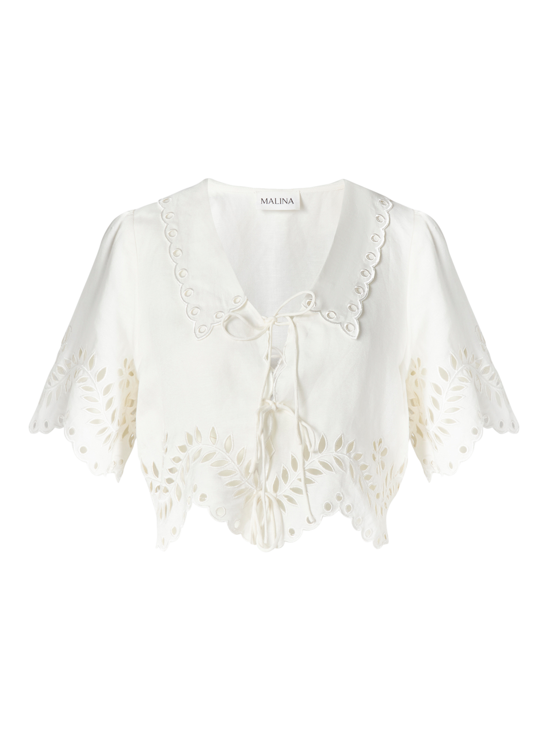 Product image 4 of 4, which shows Malina Estela Linen Rich Broderie Anglaise Top, White, 6