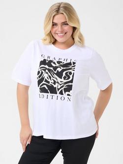 KAFFE Curve KCviva Round Neck Cotton Graphic T-Shirt, White/Multi