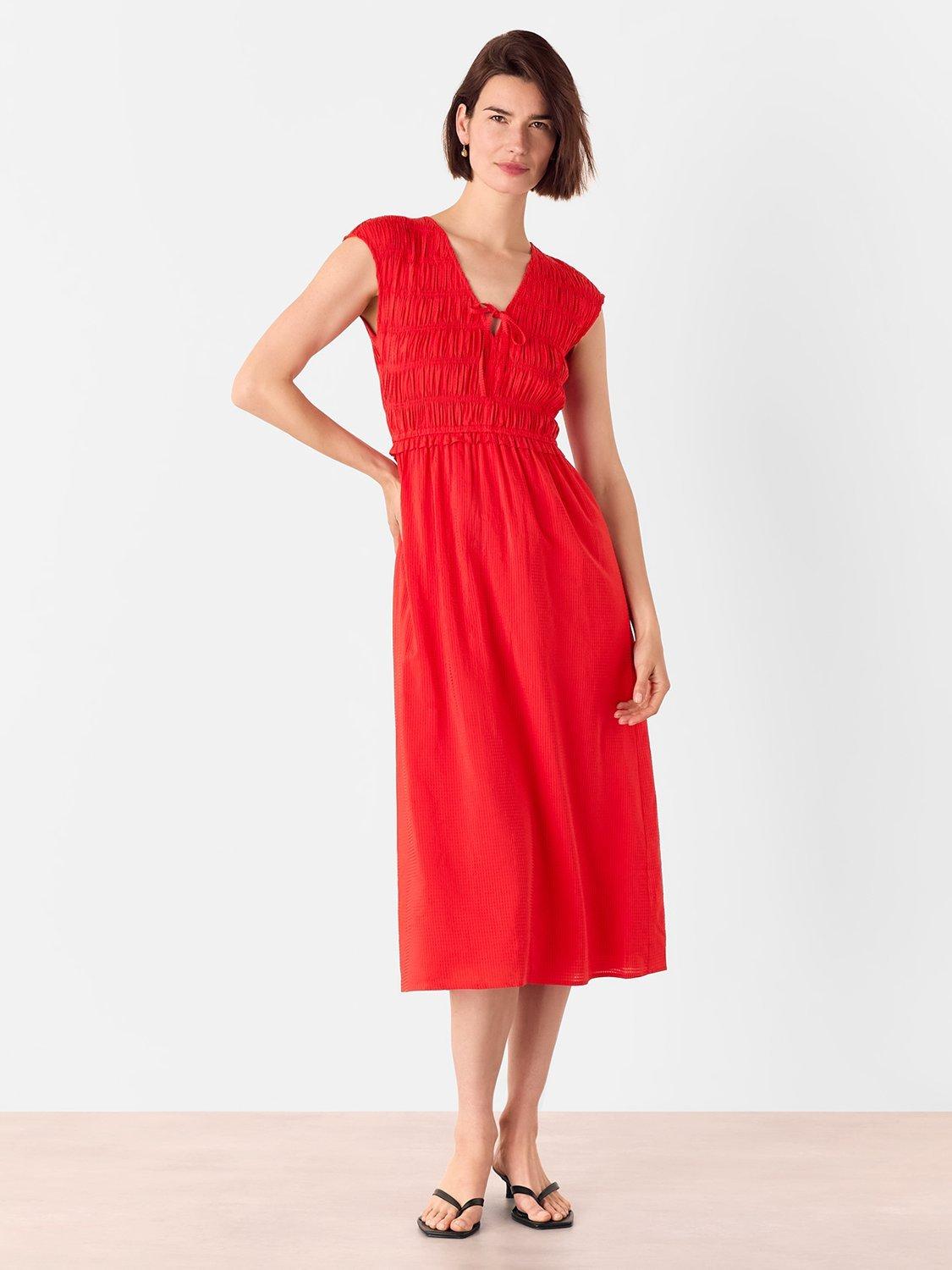 Product image 1 of 5, which shows Whistles Shirred Bodice V-Neck Midi Dress, Red, 6