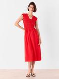Whistles Shirred Bodice V-Neck Midi Dress, Red