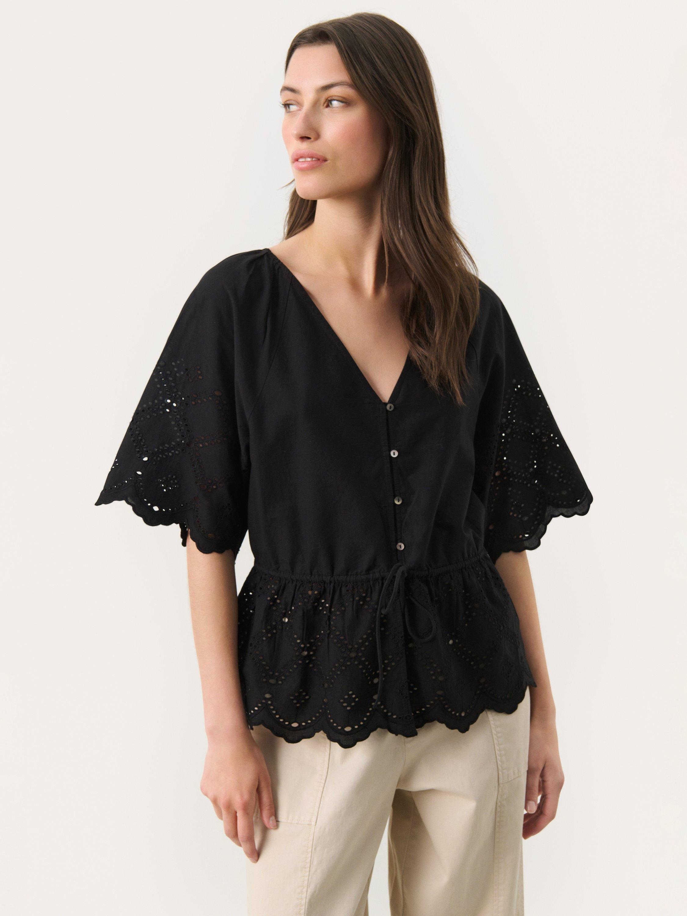 Product image 1 of 6, which shows Part Two Rosalie Tie Waist Scallop Edge Top, Black, 8