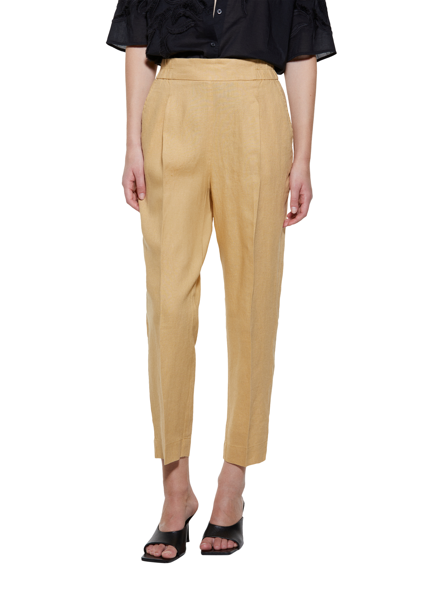 Product image 1 of 5, which shows SISLEY Pleat Ankle Grazer Pure Linen Trousers, Mustard, 8