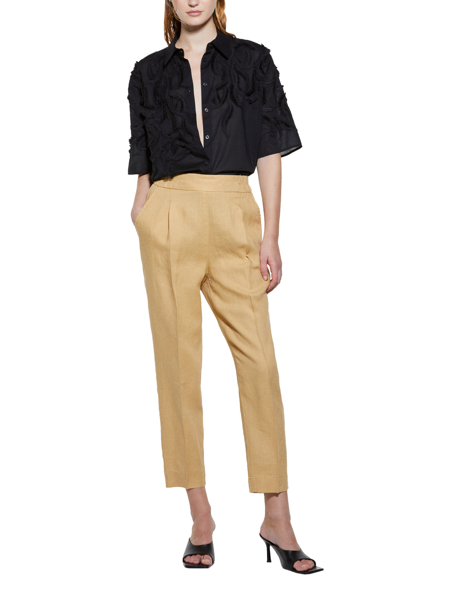 Product image 3 of 5, which shows SISLEY Pleat Ankle Grazer Pure Linen Trousers, Mustard, 8