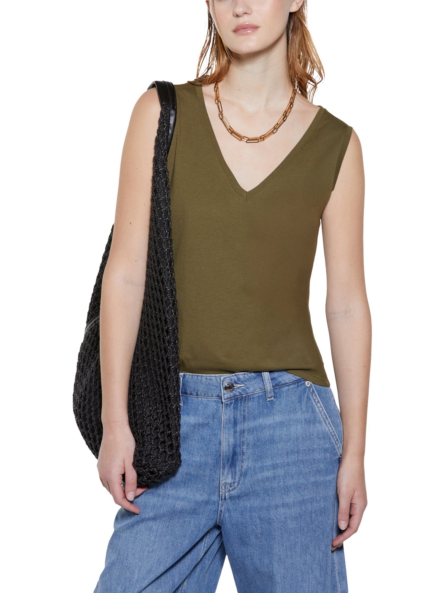 Product image 1 of 5, which shows SISLEY Cotton V-Neck Tank Top, Military Green, XS