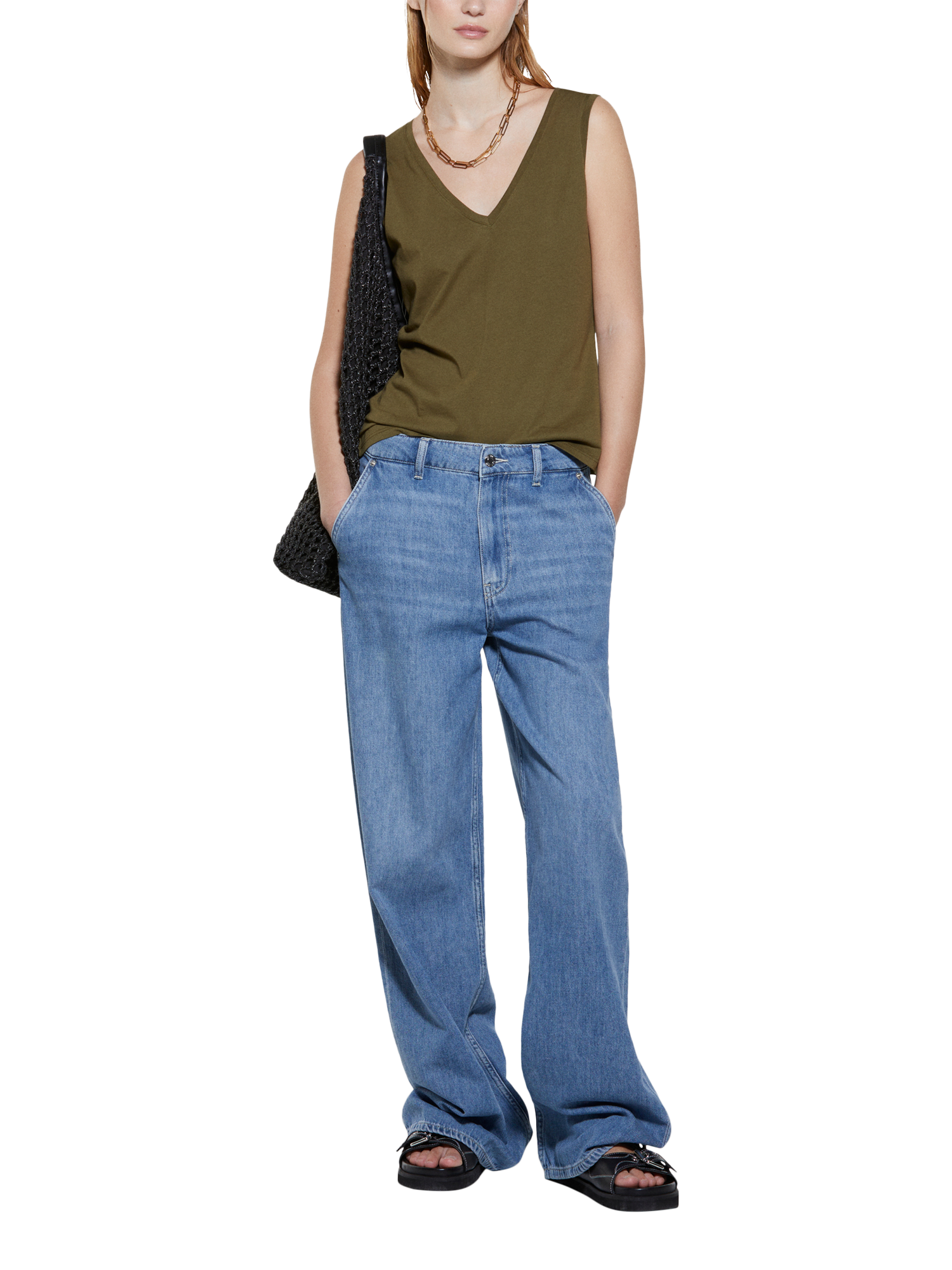 Product image 3 of 5, which shows SISLEY Cotton V-Neck Tank Top, Military Green, XS