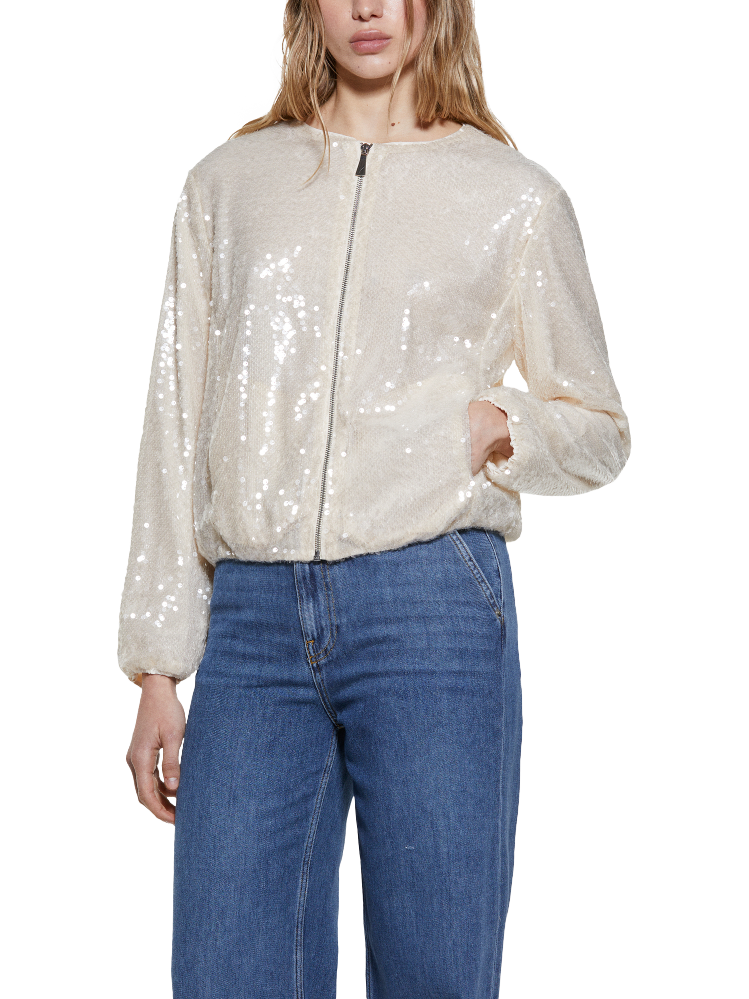 Product image 1 of 5, which shows SISLEY Sequin Bomber Jacket, Beige, XS