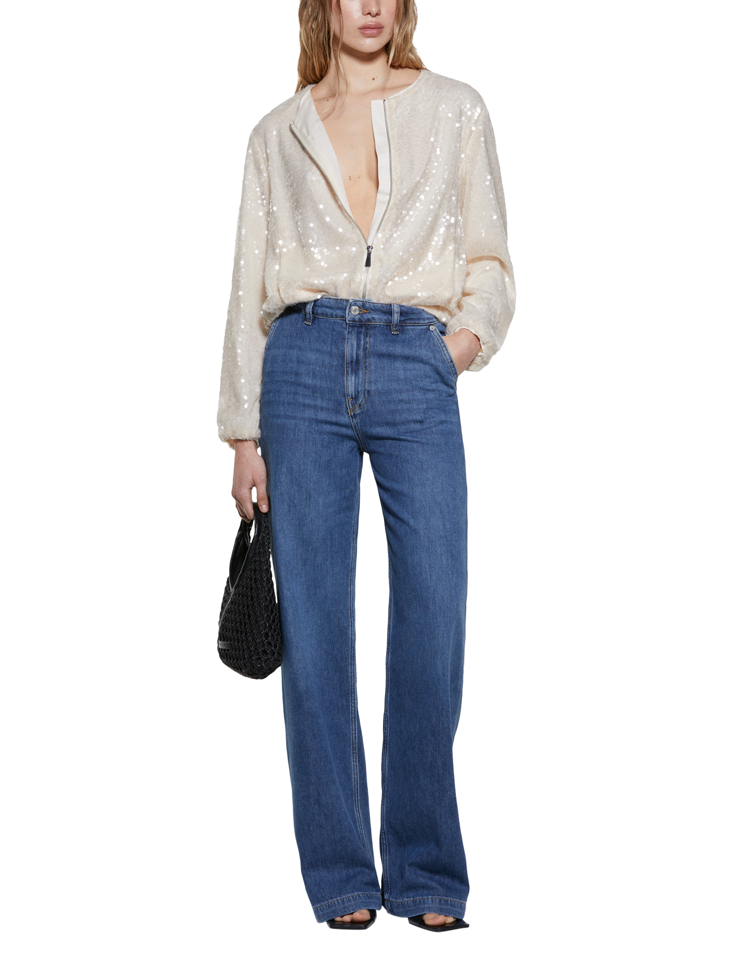 Product image 3 of 5, which shows SISLEY Sequin Bomber Jacket, Beige, XS