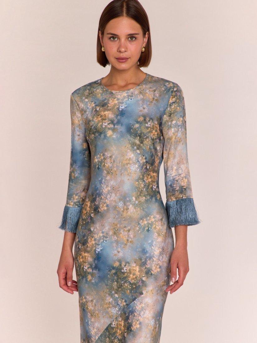 Product image 4 of 7, which shows Rewritten Dolly Fringe Sleeve Dress, Celestial Blue Print, 8