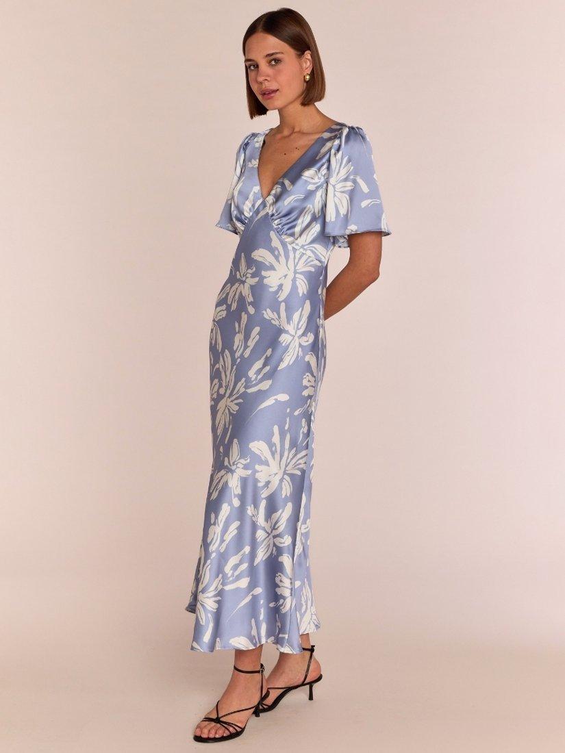 Product image 1 of 8, which shows Rewritten Ellis Lily Print Satin Dress, Blue, 8