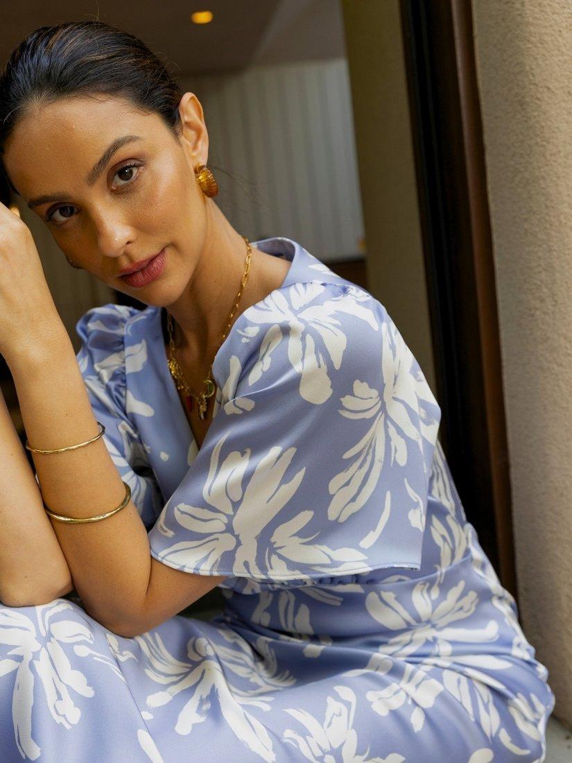 Product image 6 of 8, which shows Rewritten Ellis Lily Print Satin Dress, Blue, 8