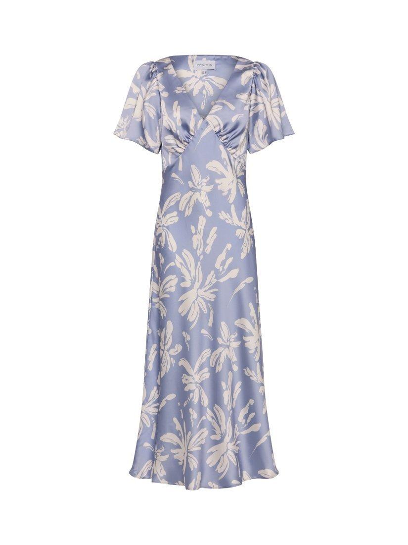 Product image 8 of 8, which shows Rewritten Ellis Lily Print Satin Dress, Blue, 8