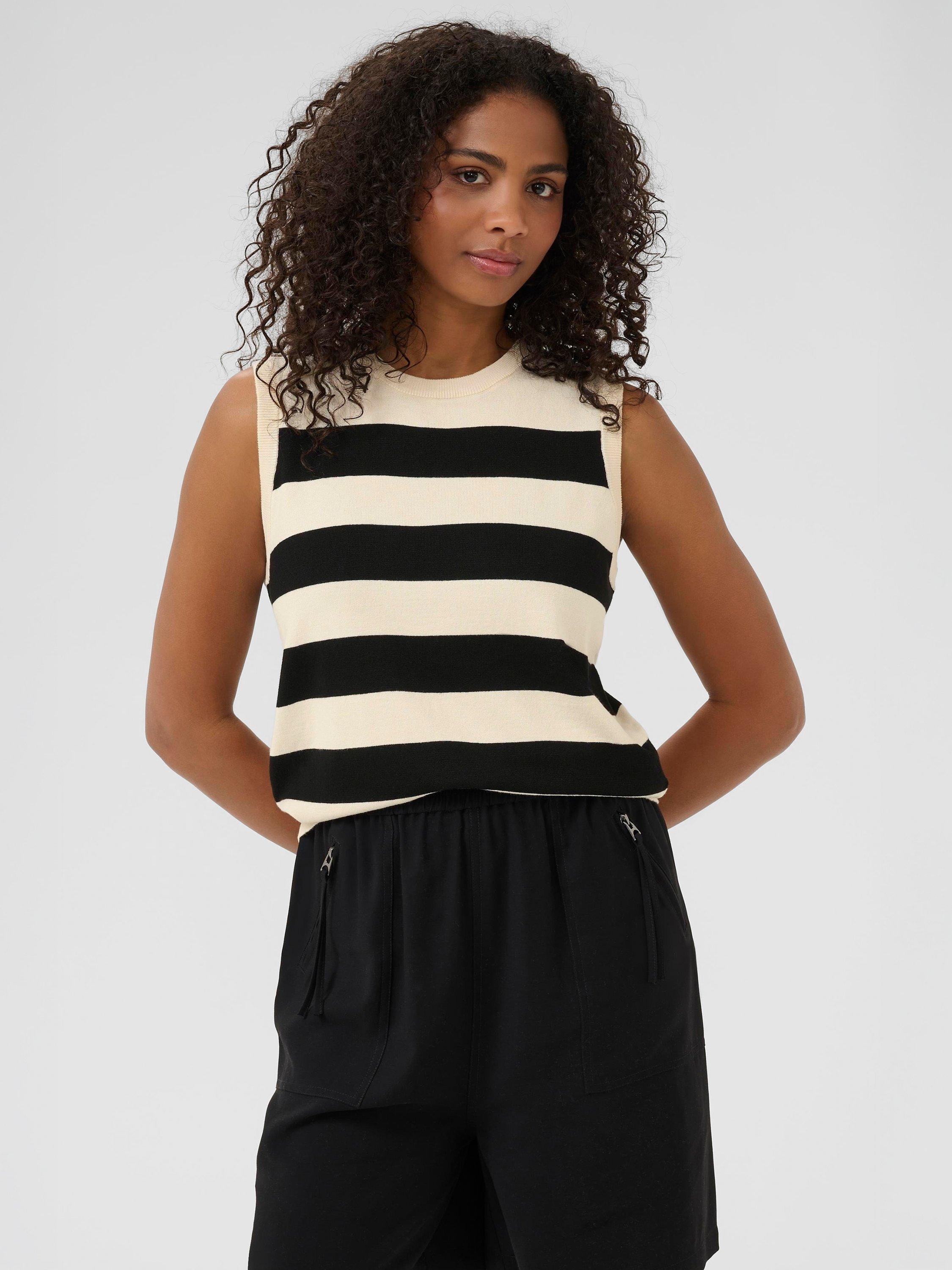 Product image 1 of 6, which shows KAFFE Lizza Stripe Sleeveless Knit Top, Black/Multi, XS