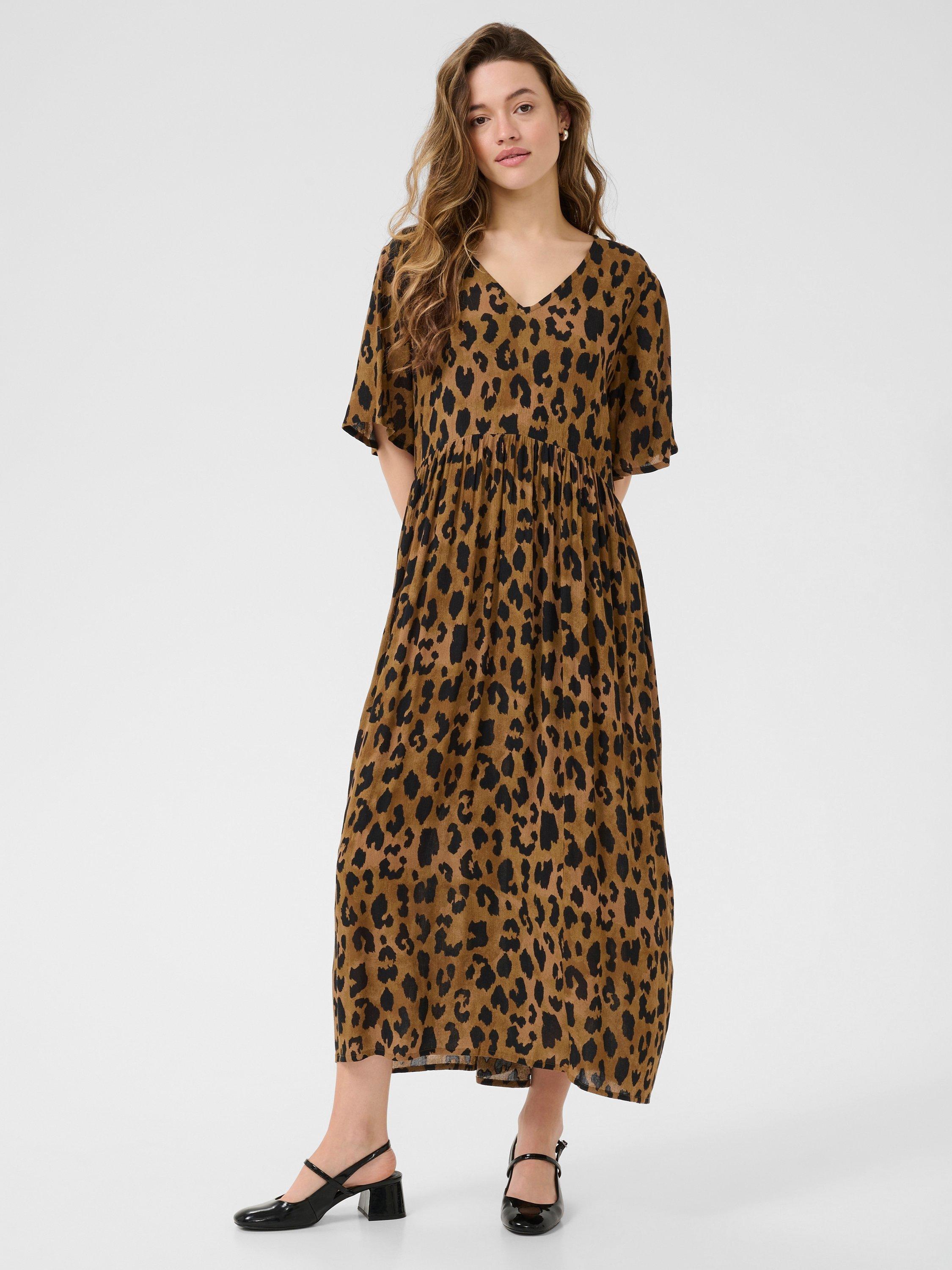 Product image 1 of 5, which shows KAFFE KAjessi Amber Leopard Print Midi Dress, Brown/Multi, 8