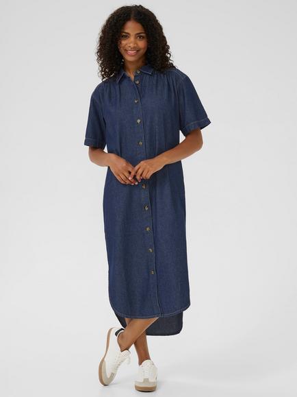 KAFFE Luise Denim Short Sleeve Midi Shirt Dress, Dark Blue