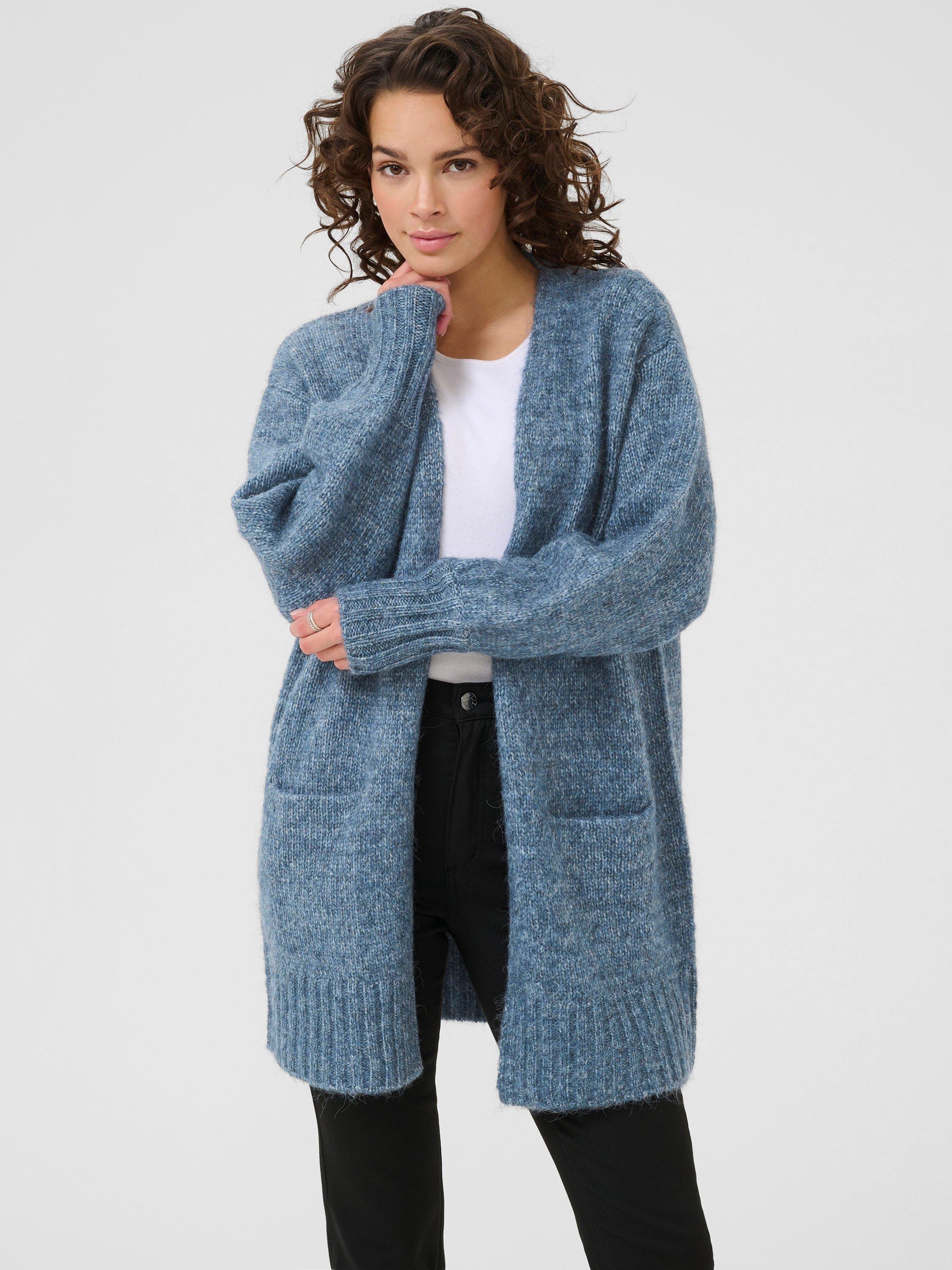 Product image 1 of 6, which shows KAFFE Trina Open Neck Longline Cardigan, Mid Blue, XS