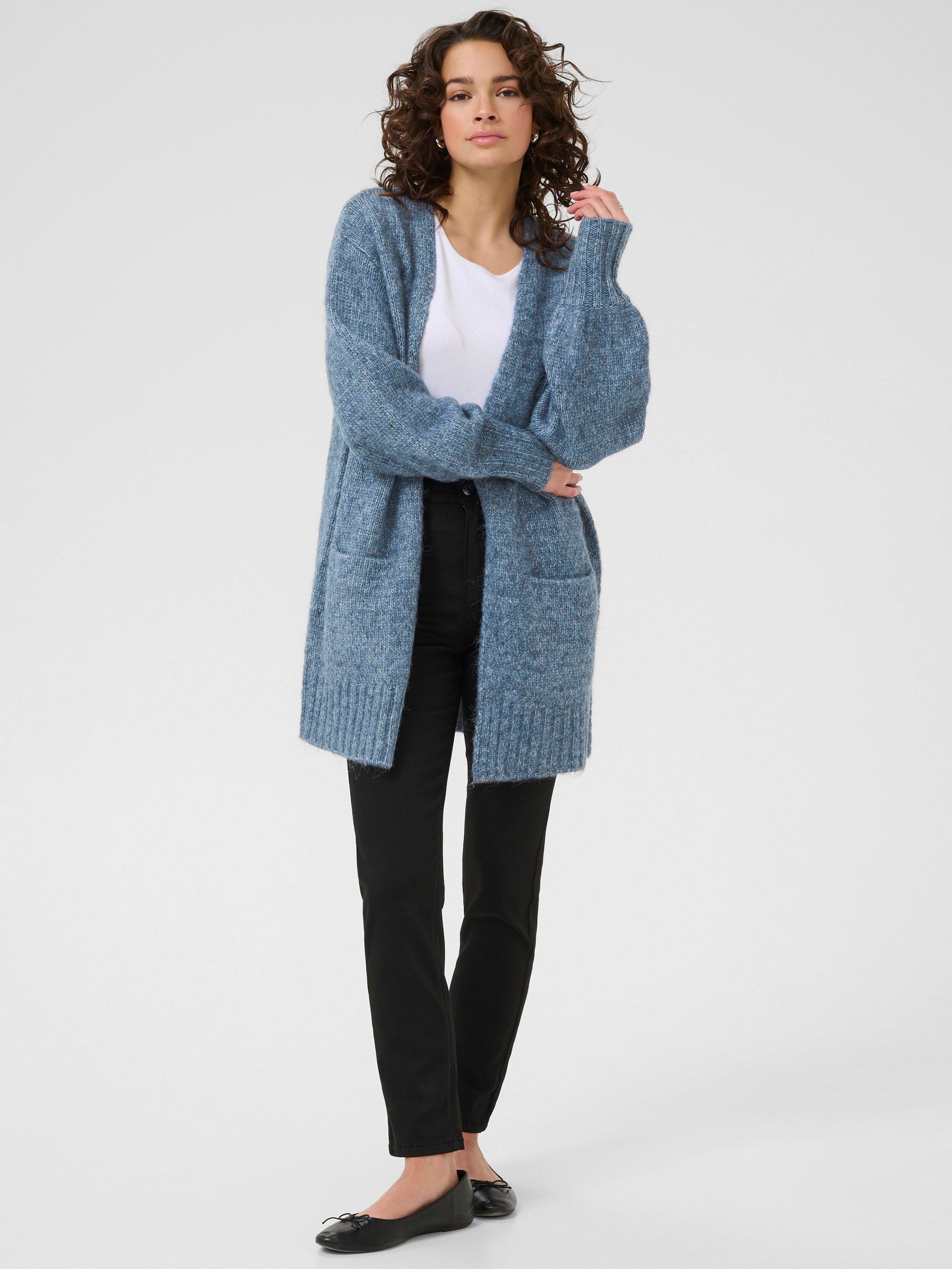 Product image 3 of 6, which shows KAFFE Trina Open Neck Longline Cardigan, Mid Blue, XS