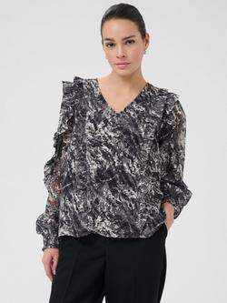 KAFFE Alica Abstract V-Neck Top, Grey/Multi, Grey/Multi