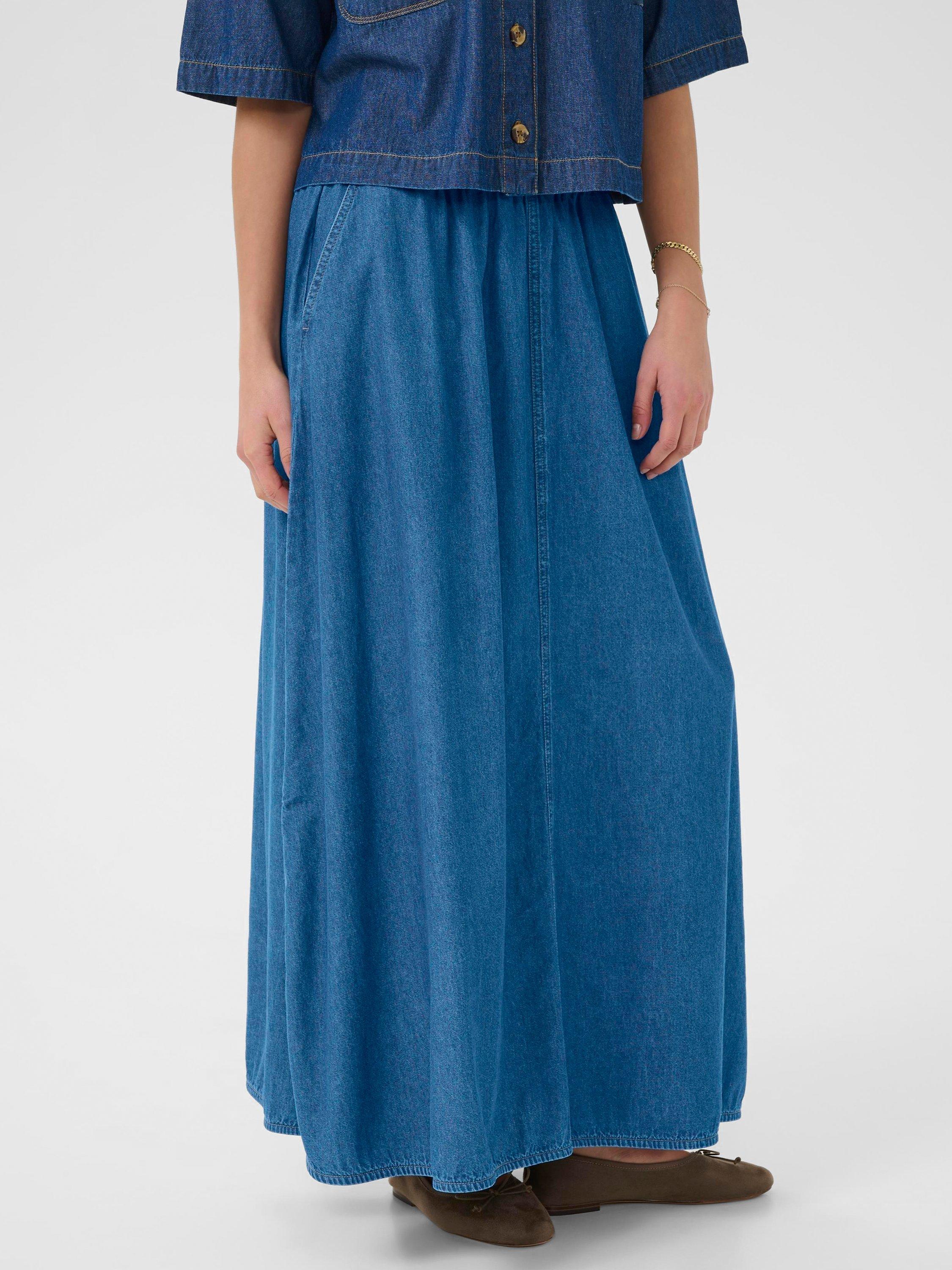 Product image 1 of 6, which shows KAFFE KAluise Elasticated Waist A-Line Cotton Maxi Skirt, Mid Blue, 8