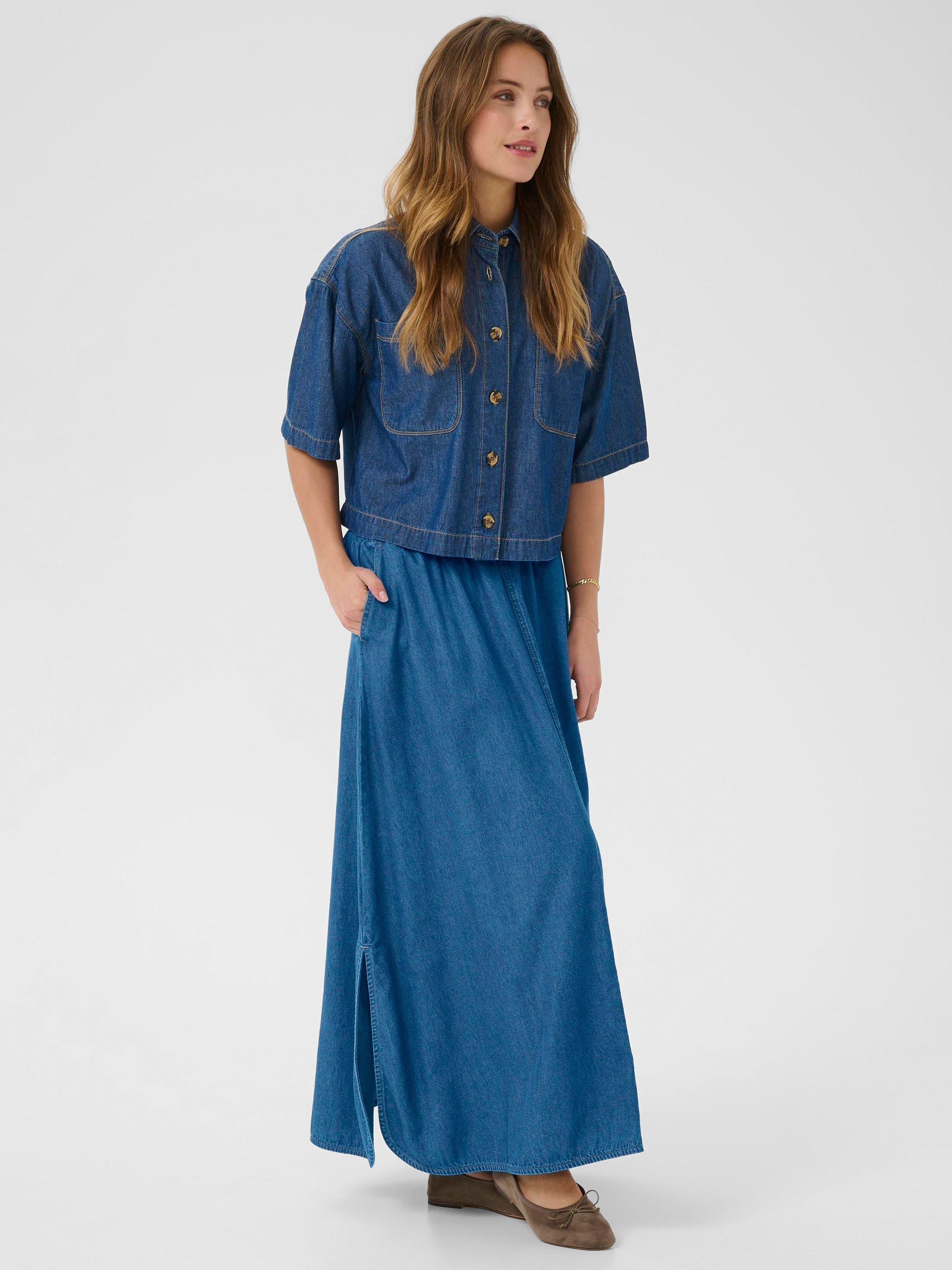 Product image 3 of 6, which shows KAFFE KAluise Elasticated Waist A-Line Cotton Maxi Skirt, Mid Blue, 8