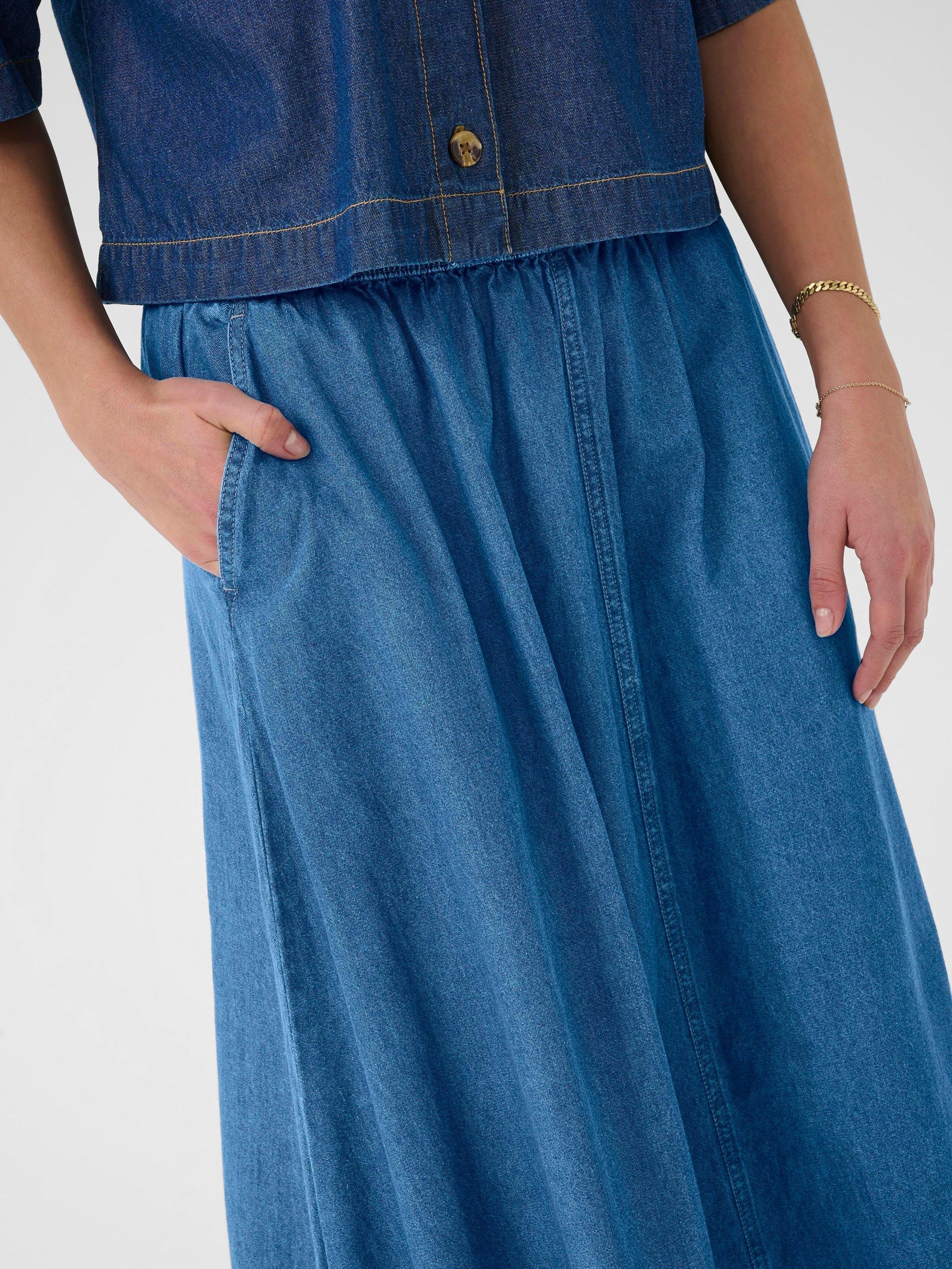 Product image 4 of 6, which shows KAFFE KAluise Elasticated Waist A-Line Cotton Maxi Skirt, Mid Blue, 8