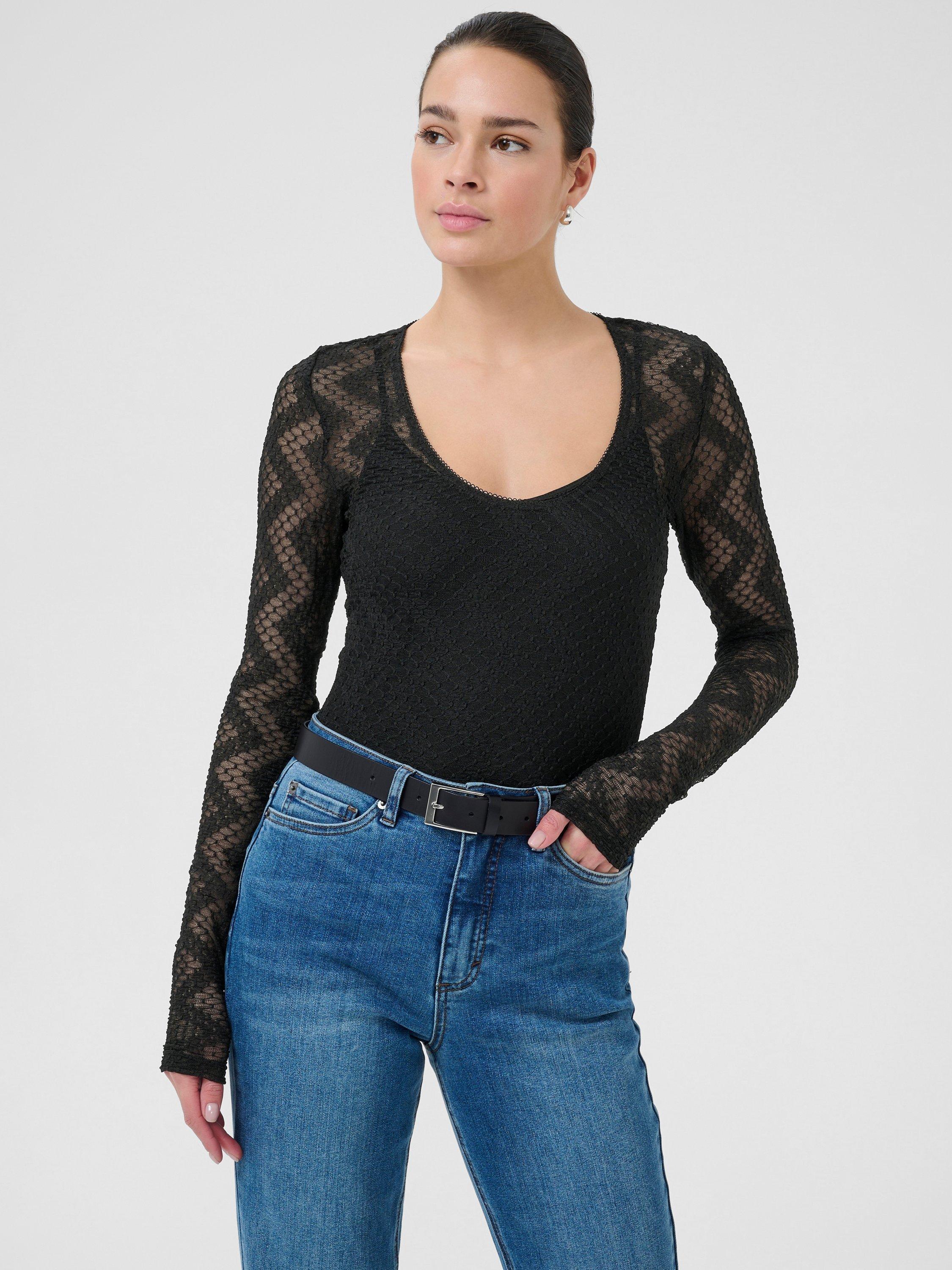 Product image 1 of 6, which shows KAFFE KAlorinda Long Sleeve Lace Shirt, Black, XS