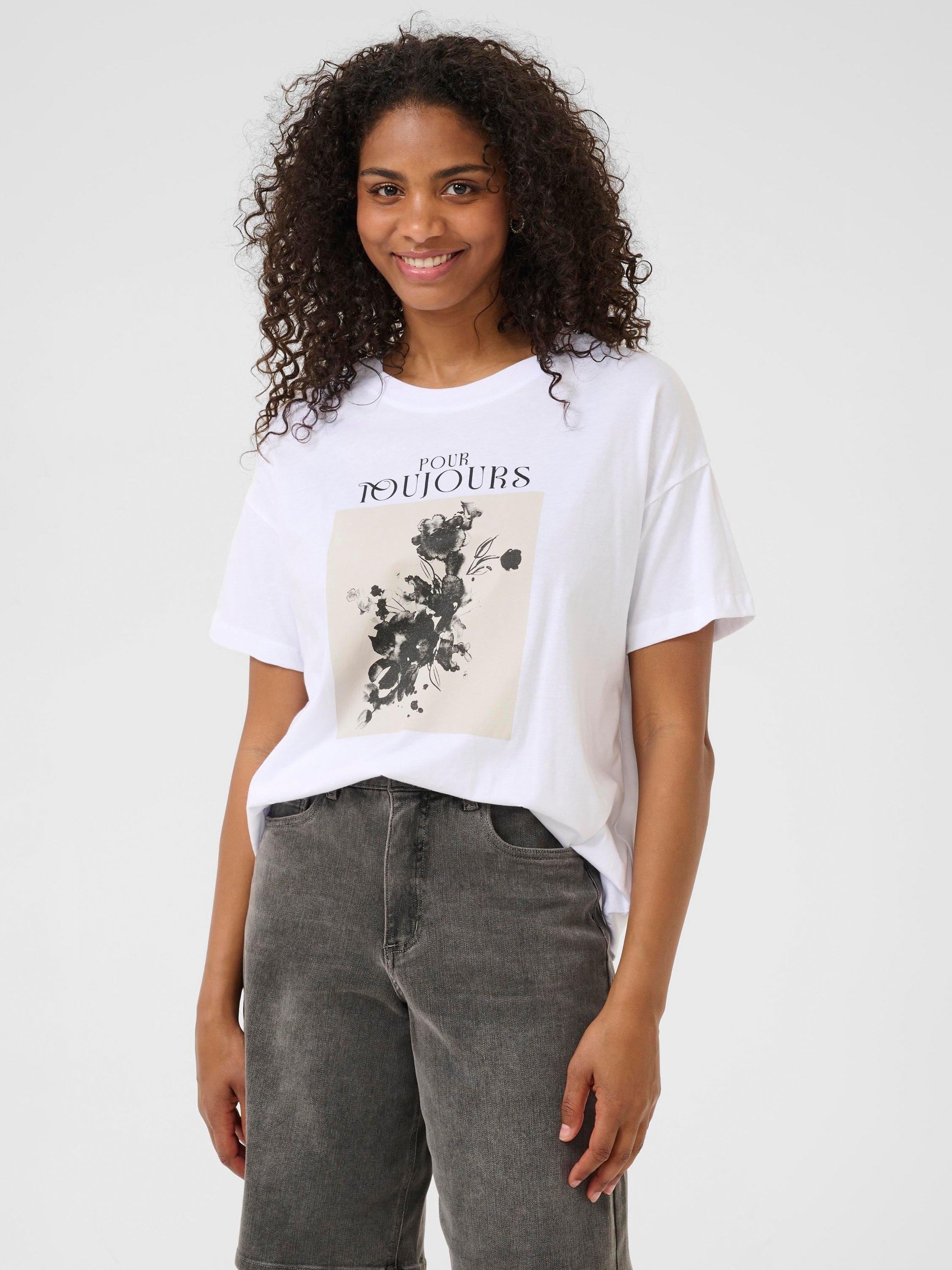 Product image 1 of 6, which shows KAFFE Vivie Flower Graphic T-Shirt, White/Multi, XS