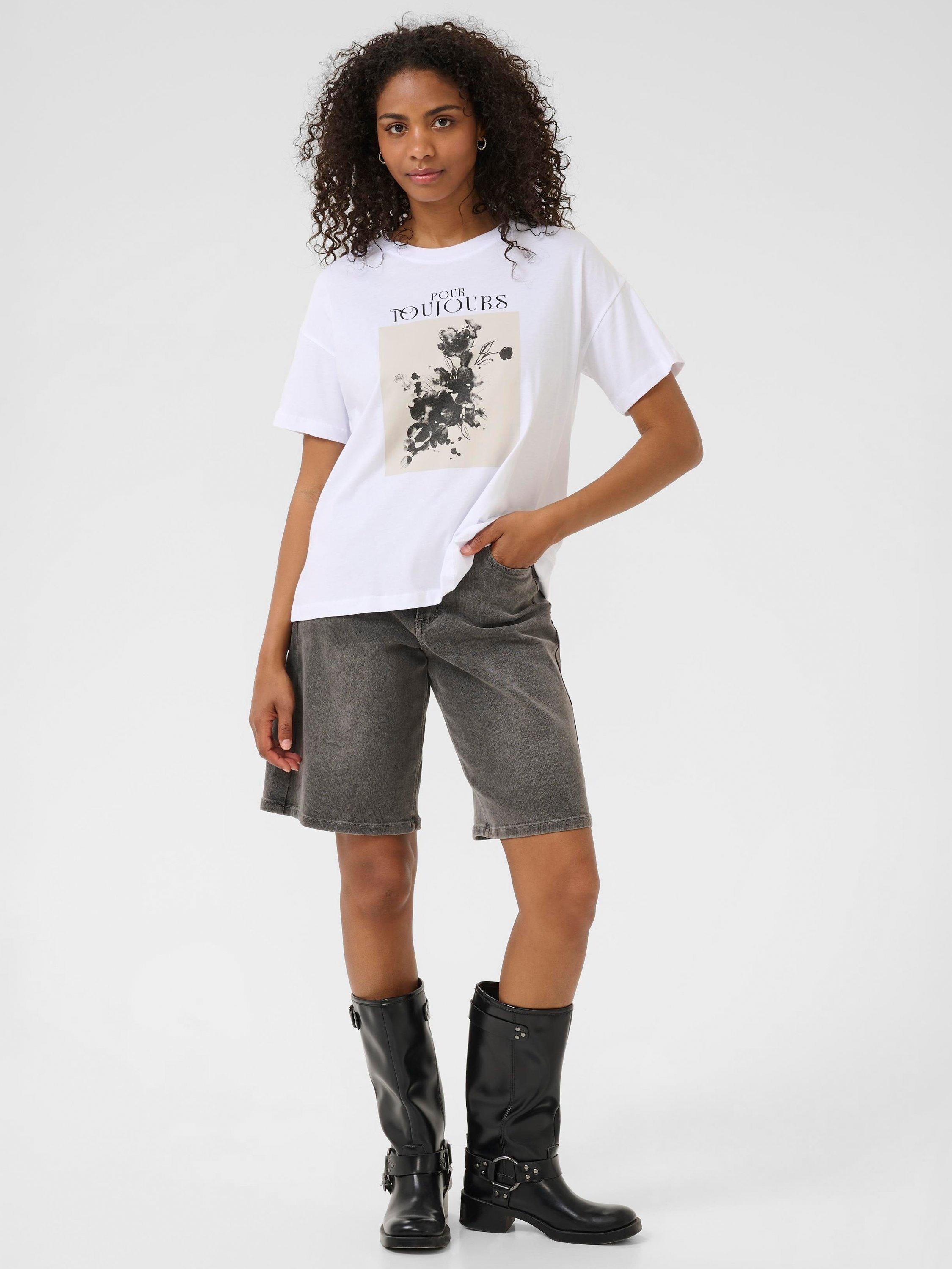 Product image 3 of 6, which shows KAFFE Vivie Flower Graphic T-Shirt, White/Multi, XS