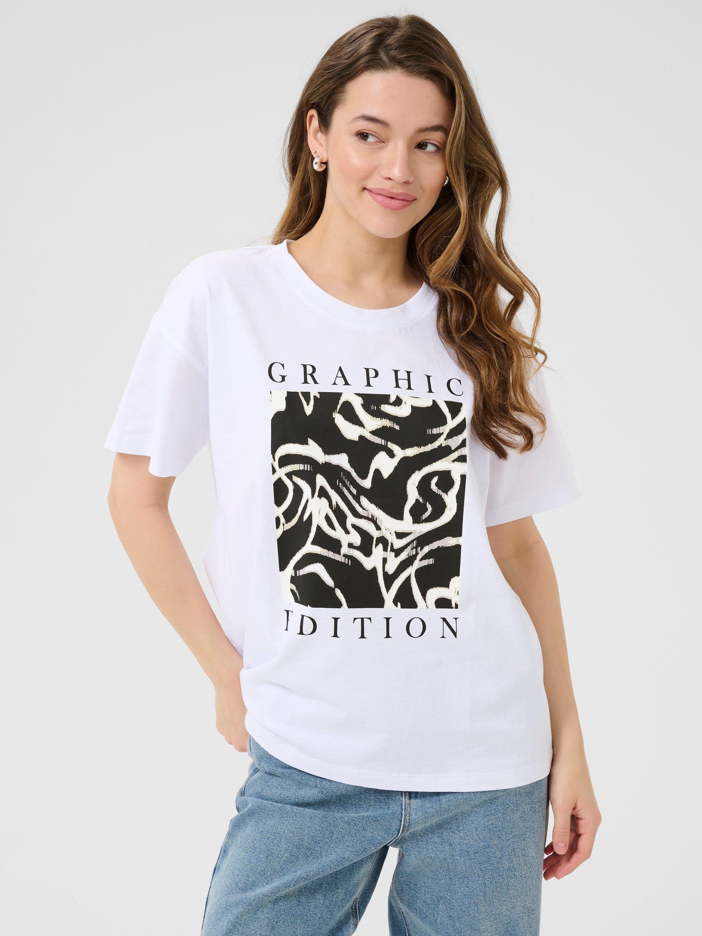 Product image 1 of 6, which shows KAFFE Vivie Graphic Edition T-Shirt, White/Multi, XS