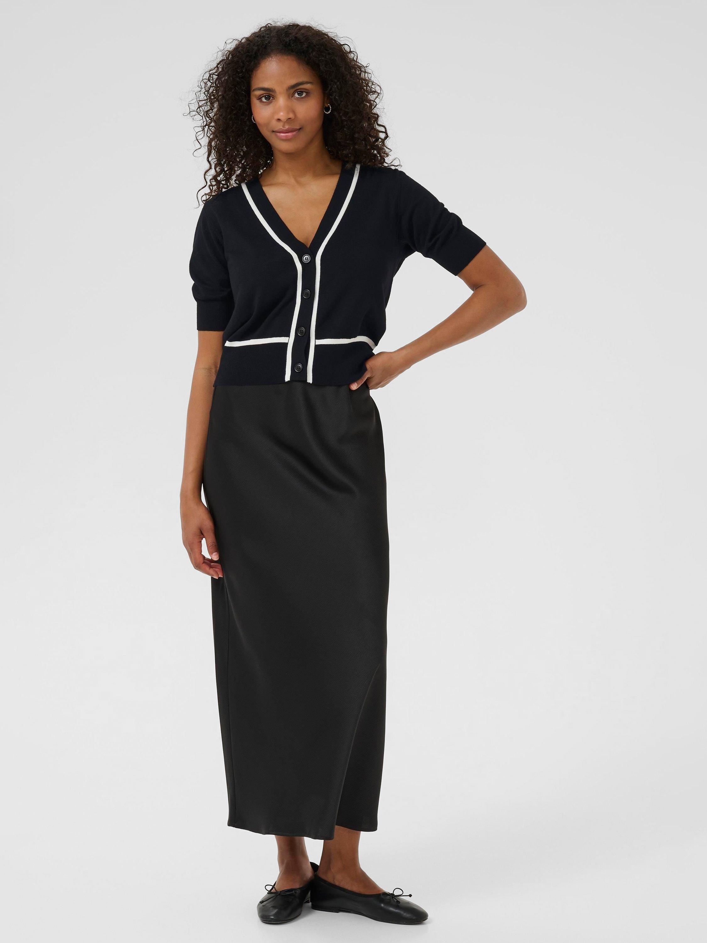Product image 3 of 6, which shows KAFFE KAmally V-Neck Short Sleeve Contrast Cardigan, Black/Multi, XS