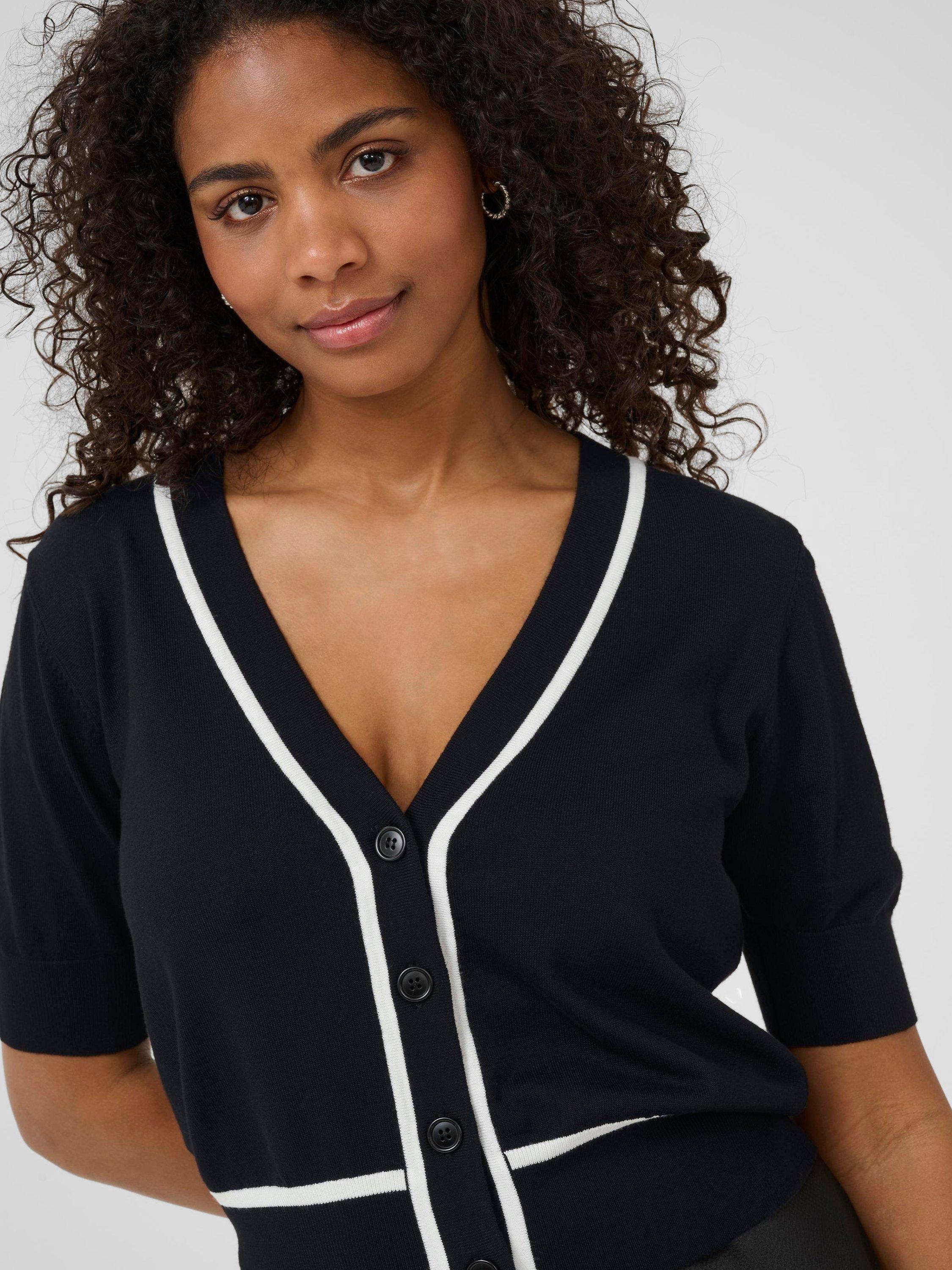 Product image 4 of 6, which shows KAFFE KAmally V-Neck Short Sleeve Contrast Cardigan, Black/Multi, XS