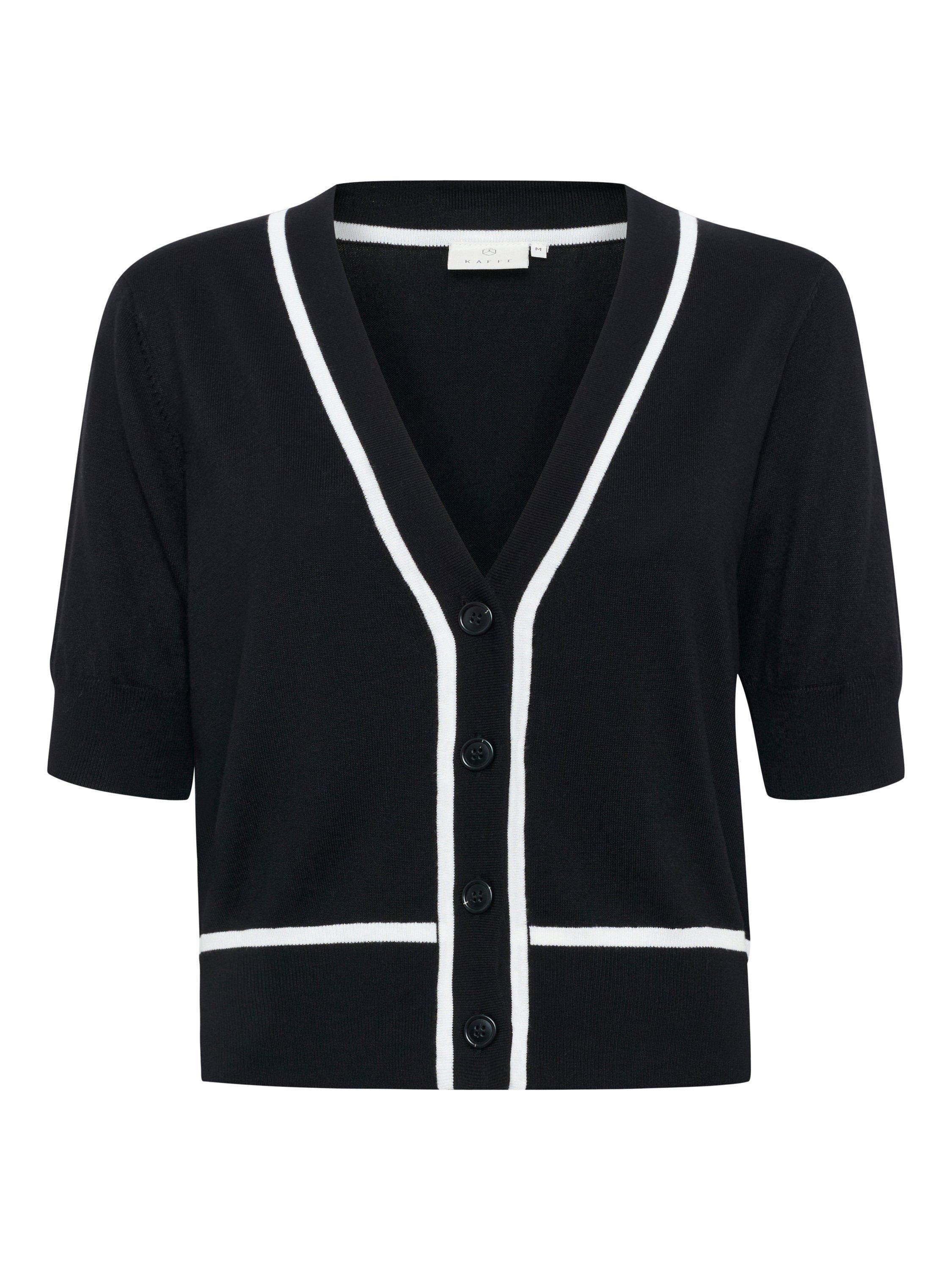 Product image 5 of 6, which shows KAFFE KAmally V-Neck Short Sleeve Contrast Cardigan, Black/Multi, XS