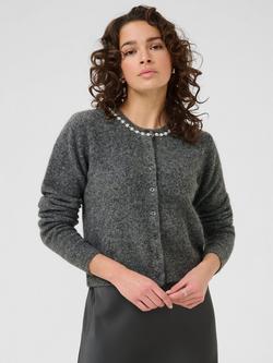 KAFFE Roxy Embellished Neck Cardigan, Mid Grey, Mid Grey