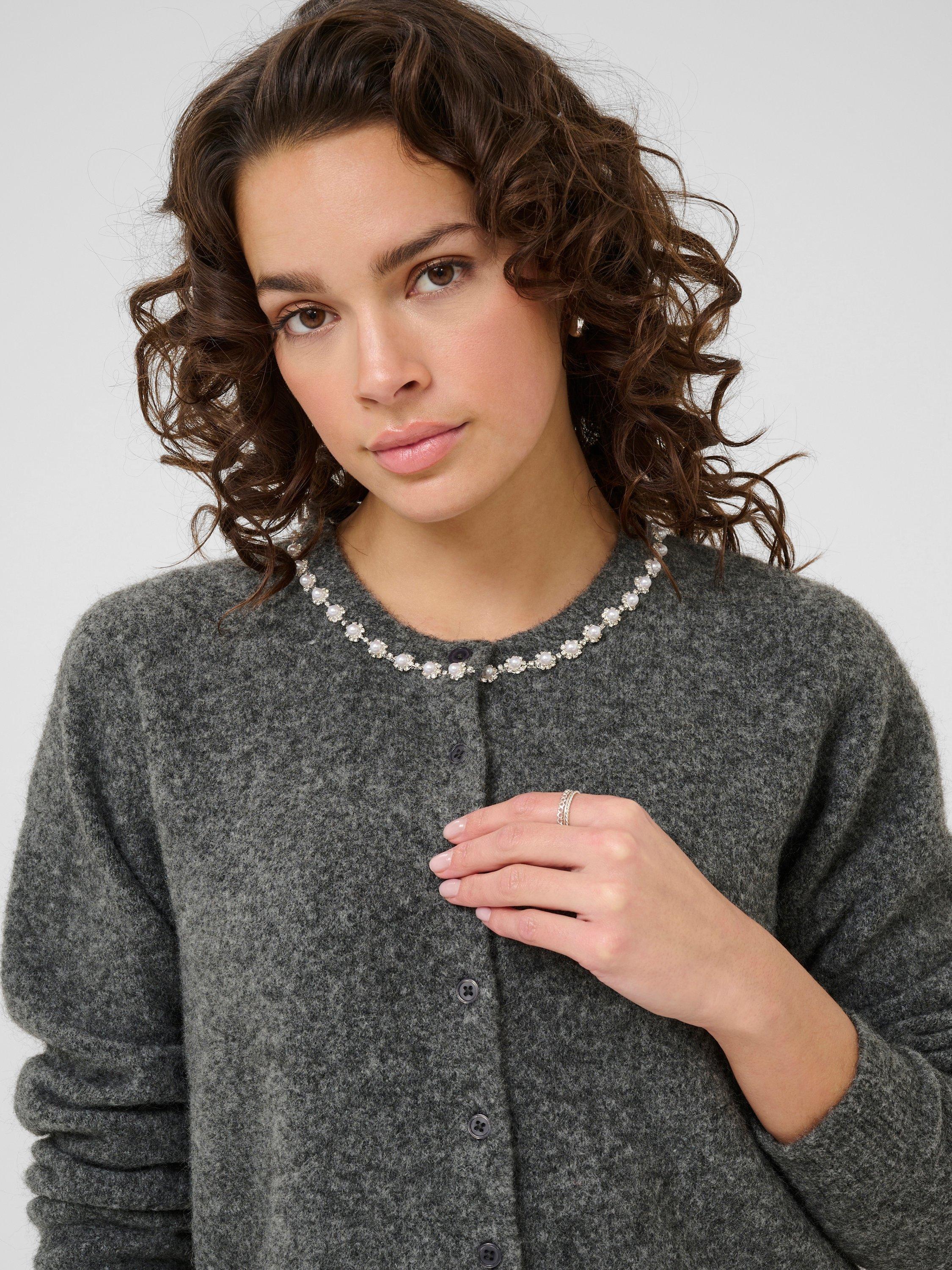 Product image 4 of 6, which shows KAFFE Roxy Embellished Neck Cardigan, Mid Grey, XS