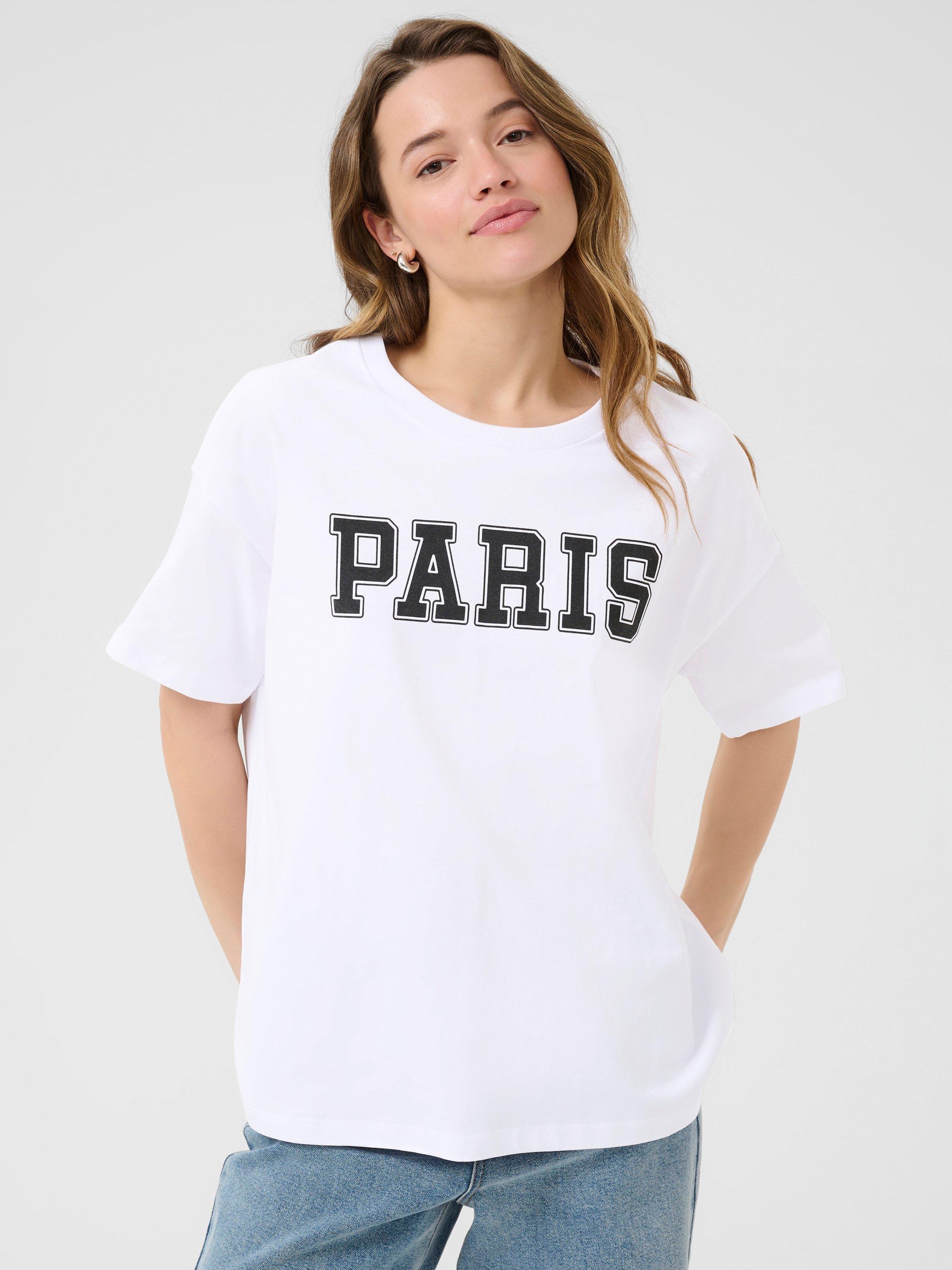 Product image 1 of 6, which shows KAFFE Adelina Paris Graphic T-Shirt, White/Multi, XS