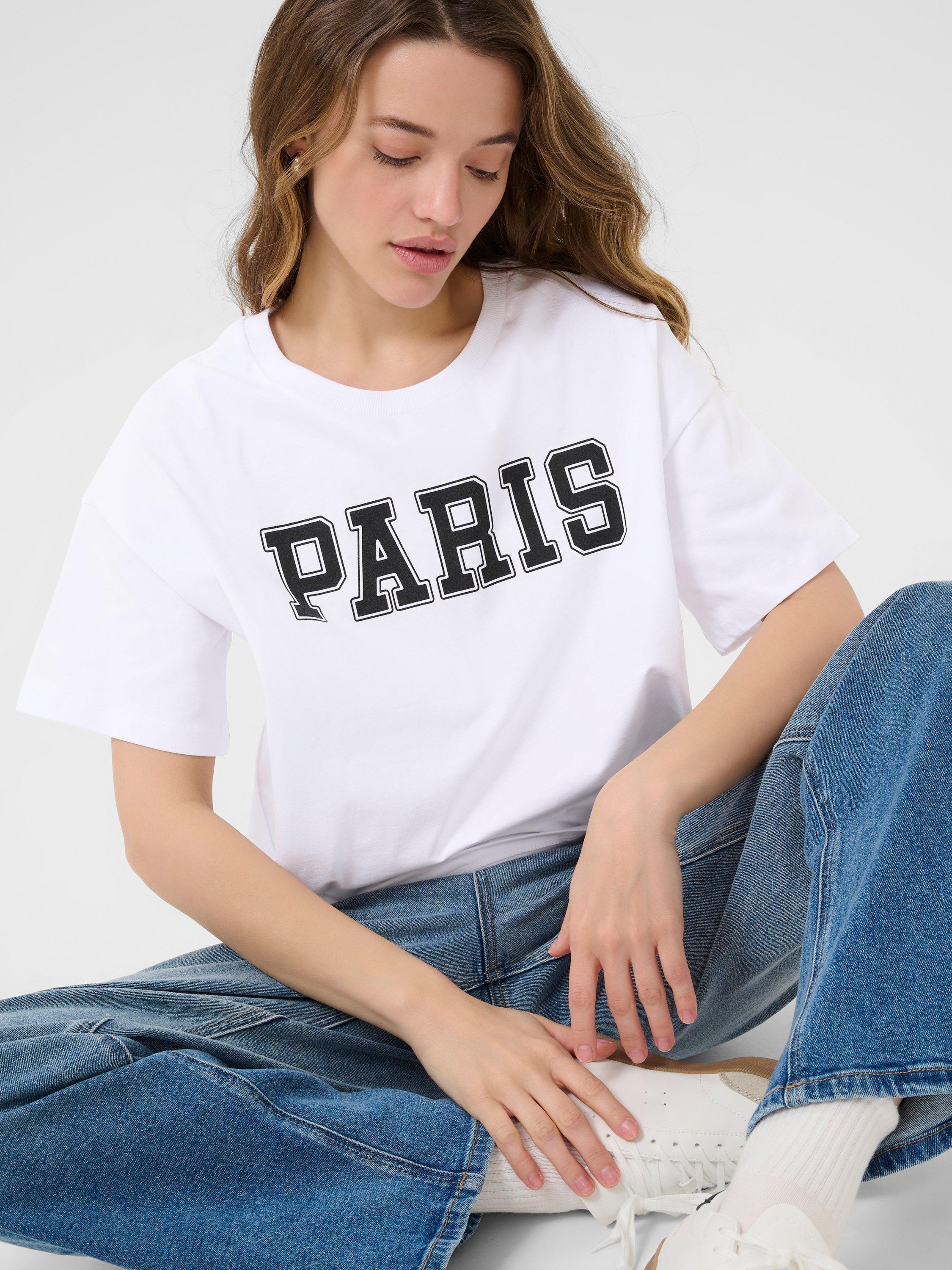 Product image 4 of 6, which shows KAFFE Adelina Paris Graphic T-Shirt, White/Multi, XS