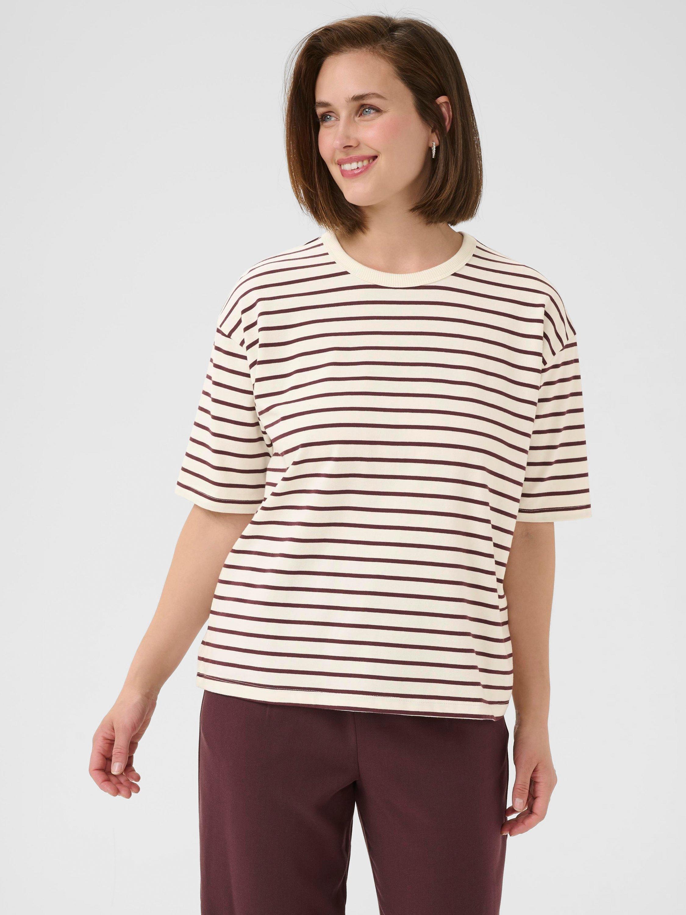 Product image 1 of 6, which shows KAFFE Winny Stripe Relaxed Fit T-Shirt, Red/Multi, XS