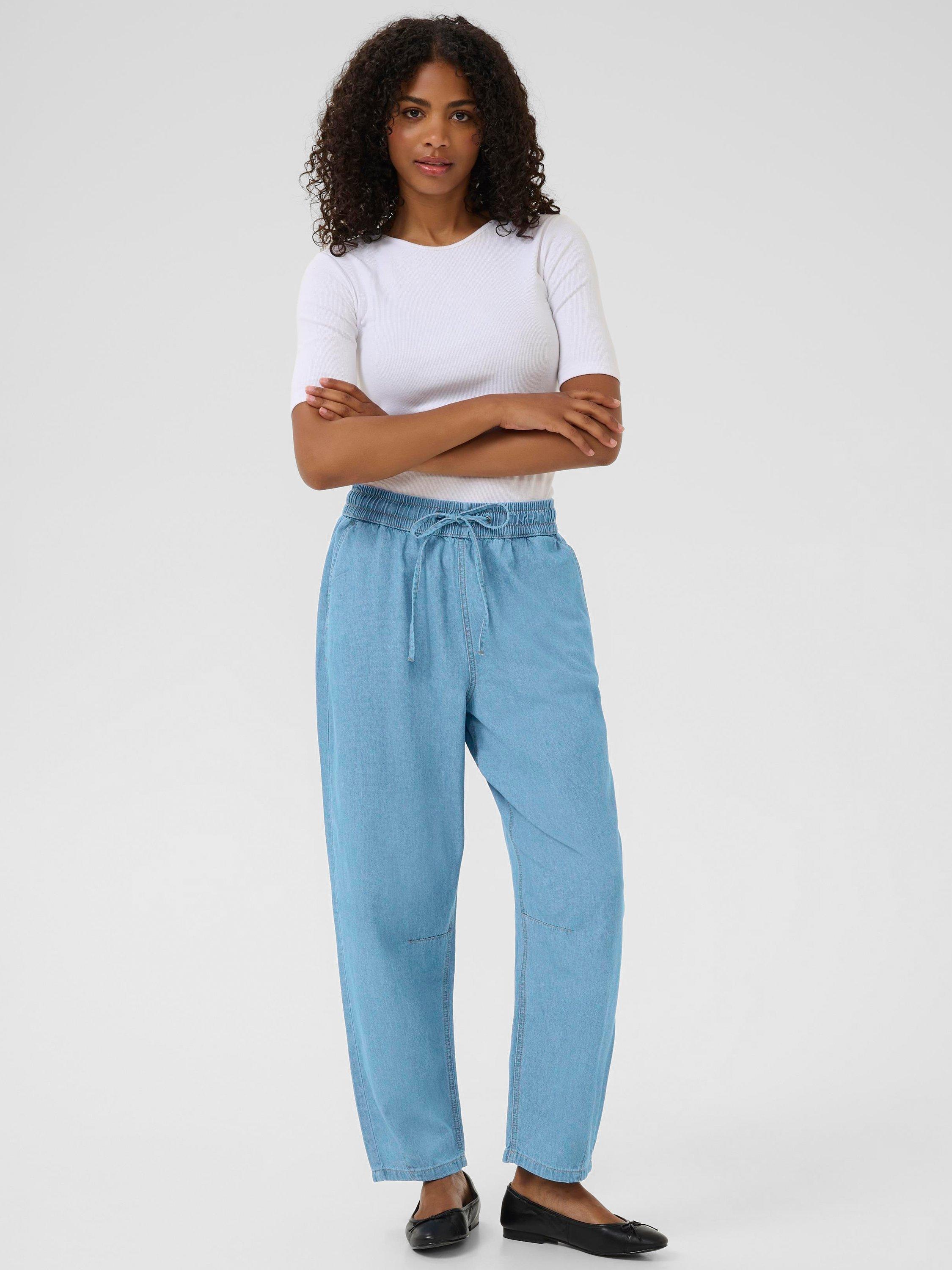 Product image 3 of 6, which shows KAFFE KAluise Mid Rise Cotton Denim Barrel Pants , Mid Blue, 10