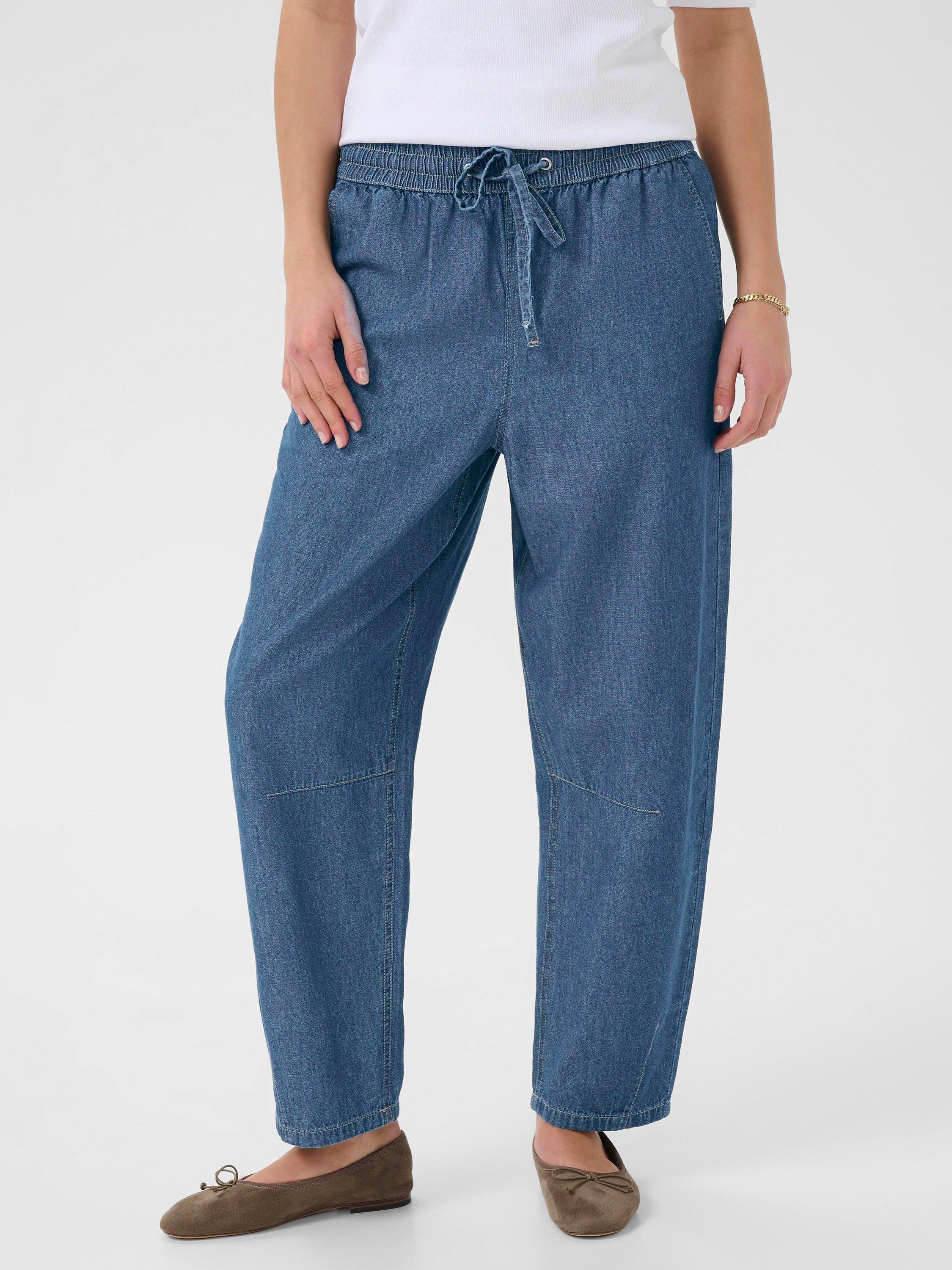 Product image 1 of 6, which shows KAFFE KAluise Mid Rise Cotton Barrel Pants, Mid Blue, 8
