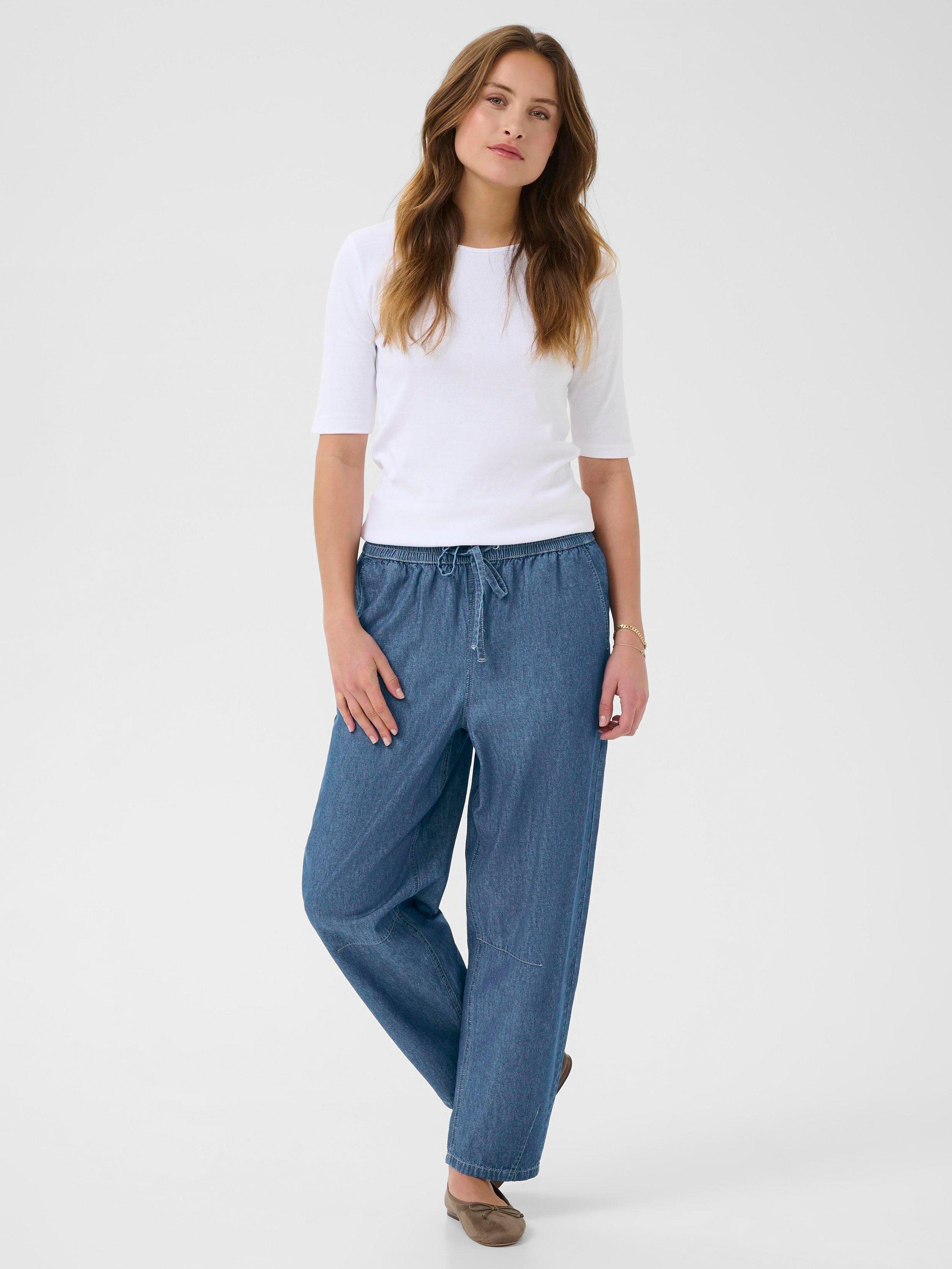 Product image 3 of 6, which shows KAFFE KAluise Mid Rise Cotton Barrel Pants, Mid Blue, 8