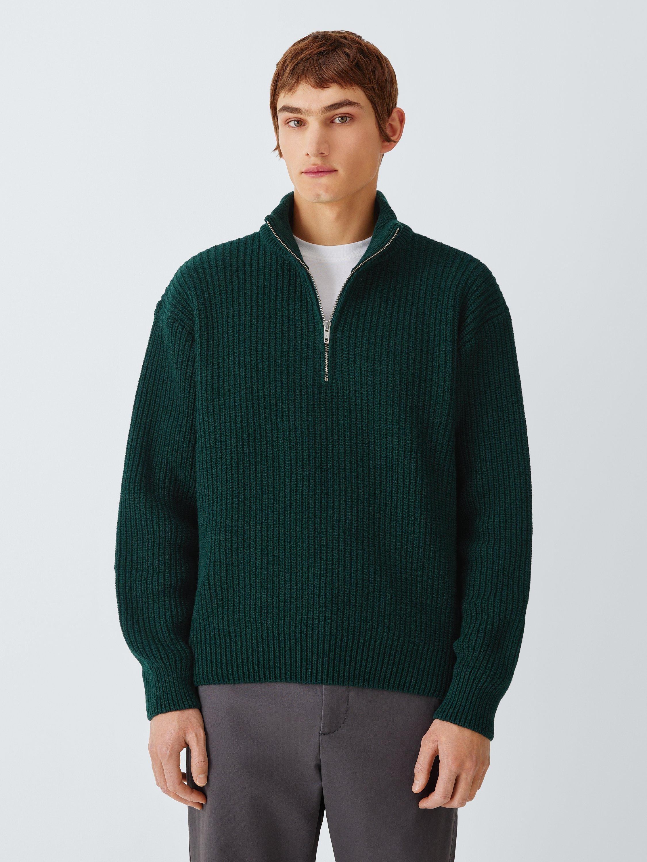 Product image 2 of 6, which shows Merino Wool Quarter-Zip Knit Jumper, Emerald Green, S