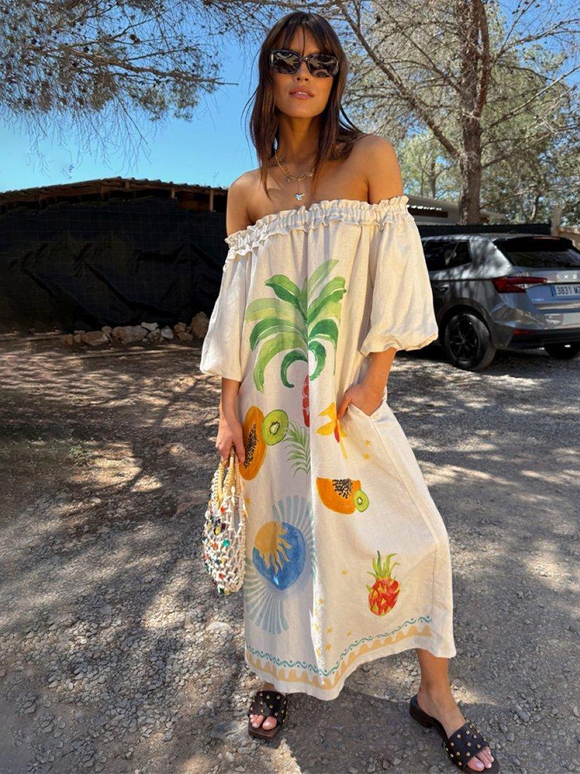 Never Fully Dressed Linen Blend Off Shoulder Tropical Print Dress