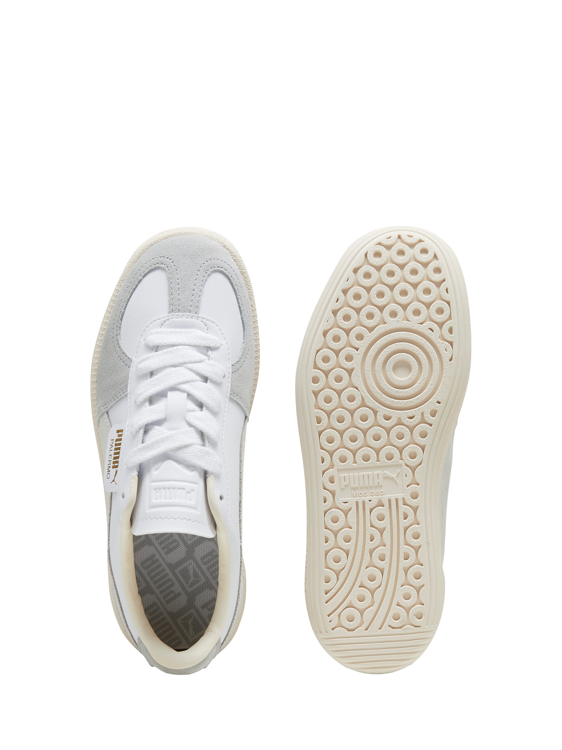 Product image 5 of 6, which shows PUMA Kids' Palermo Leather Trainers, Tan/White/Grey, 3