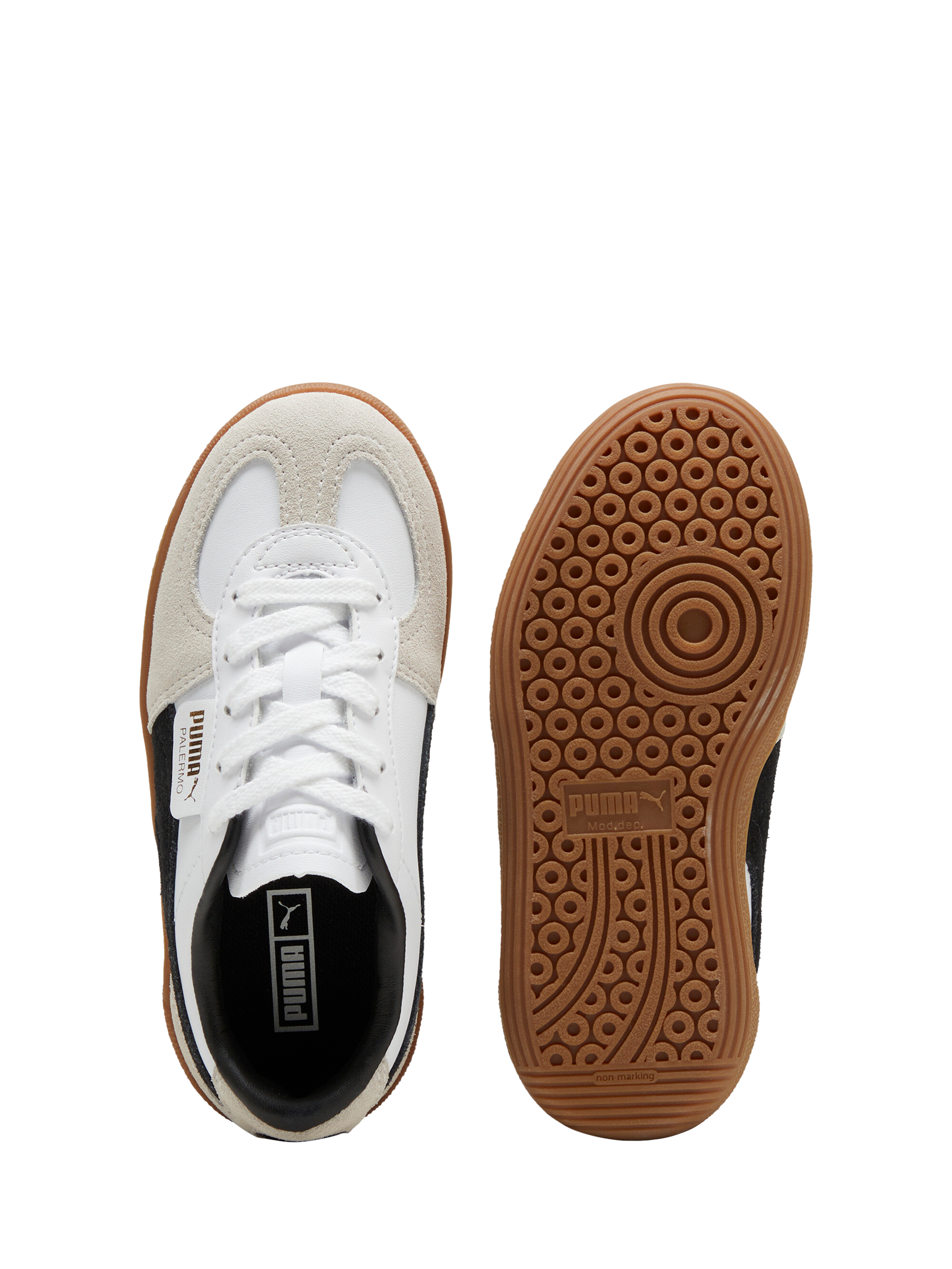 Product image 5 of 6, which shows PUMA Kids' Palermo Leather Colour Block Trainers, White/Grey, 10 Jnr