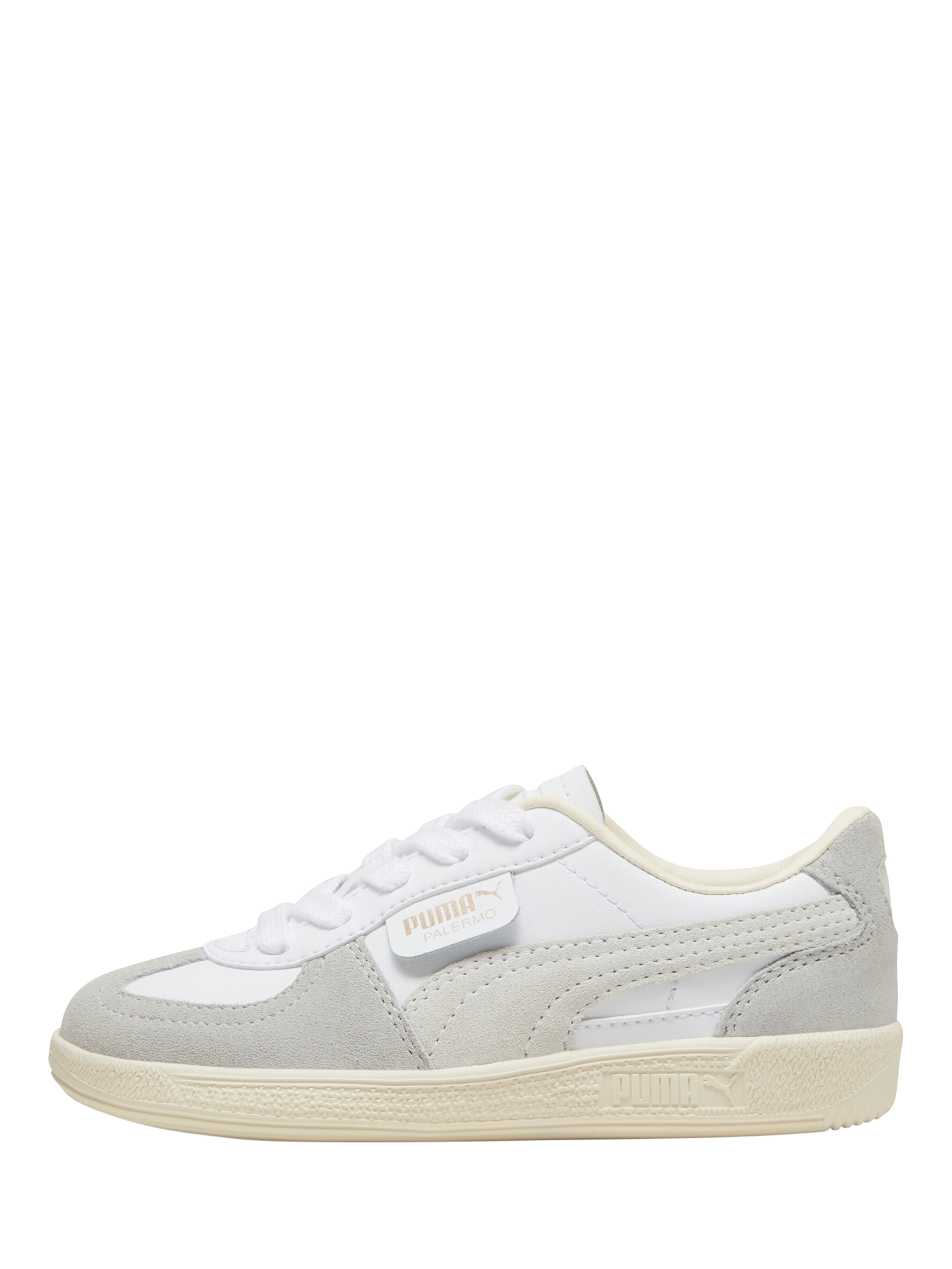 Product image 4 of 6, which shows PUMA Kids' Palermo Leather Trainers, White/Grey/Almond, 10 Jnr