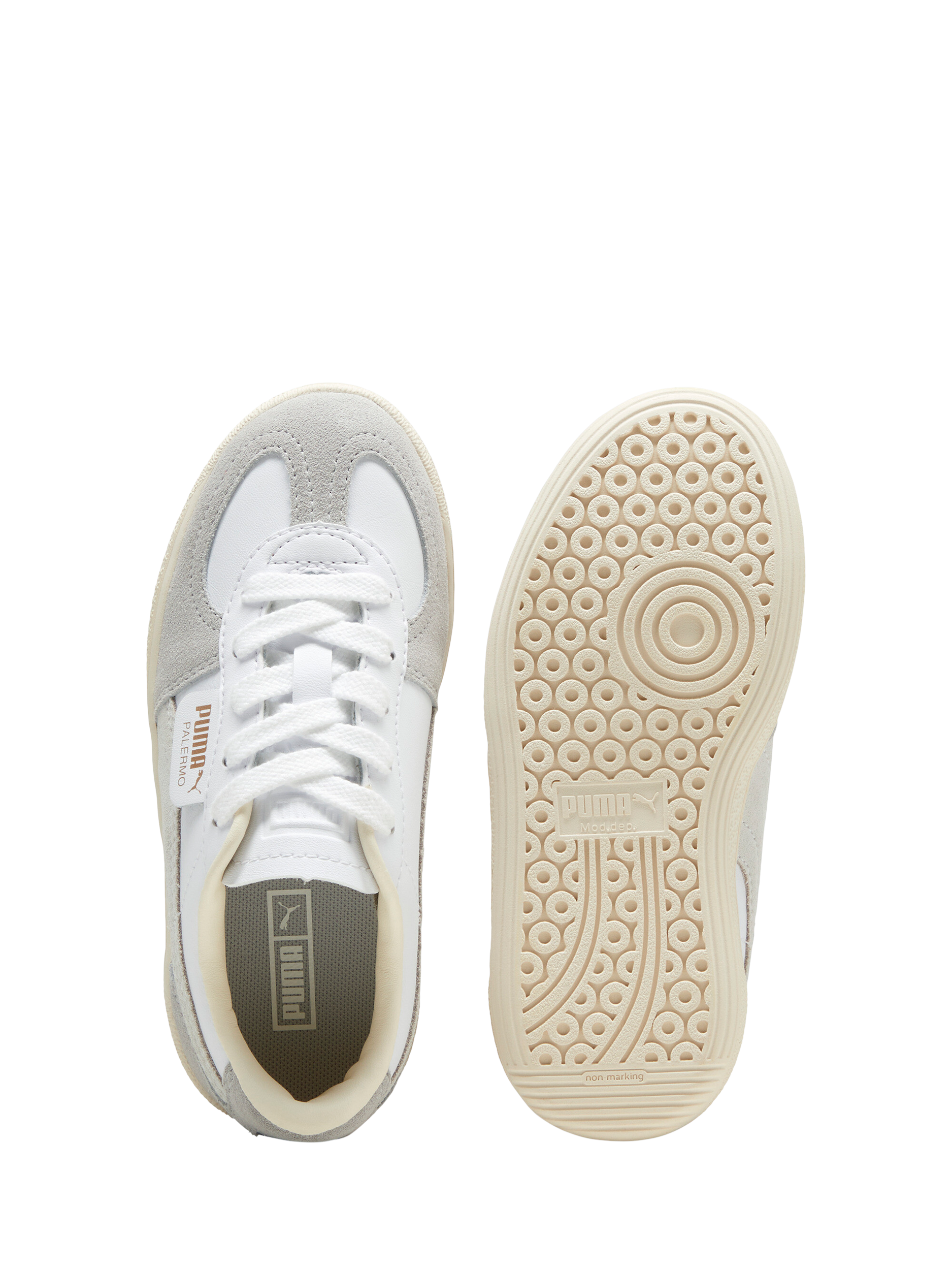 Product image 5 of 6, which shows PUMA Kids' Palermo Leather Trainers, White/Grey/Almond, 10 Jnr