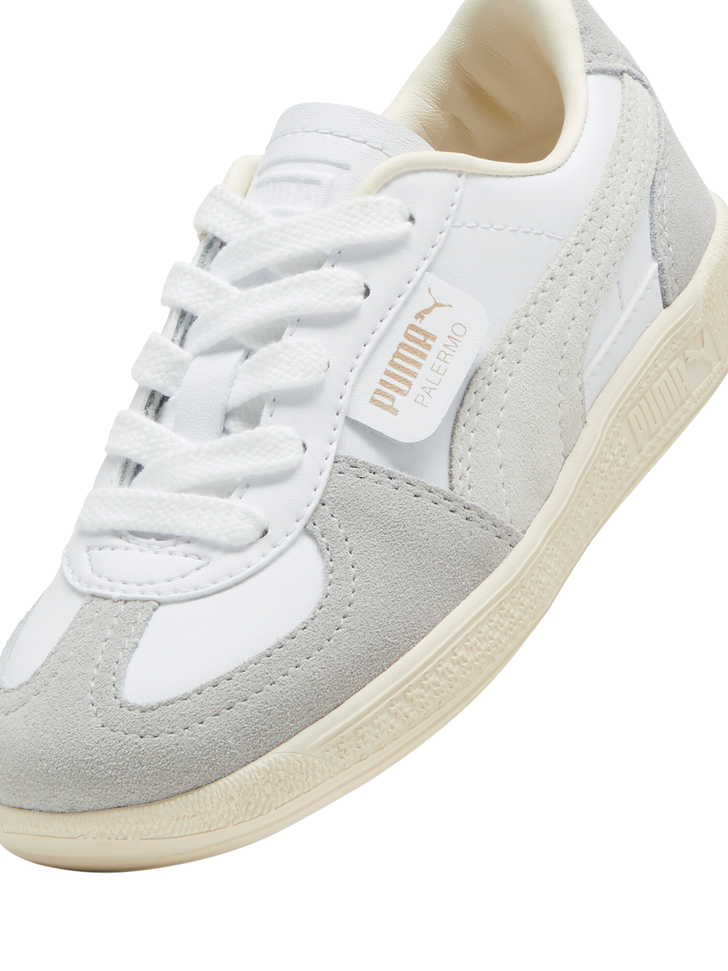 Product image 6 of 6, which shows PUMA Kids' Palermo Leather Trainers, White/Grey/Almond, 10 Jnr