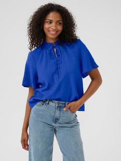 KAFFE KAlianna Short Sleeve Tie Neck Blouse, Mid Blue