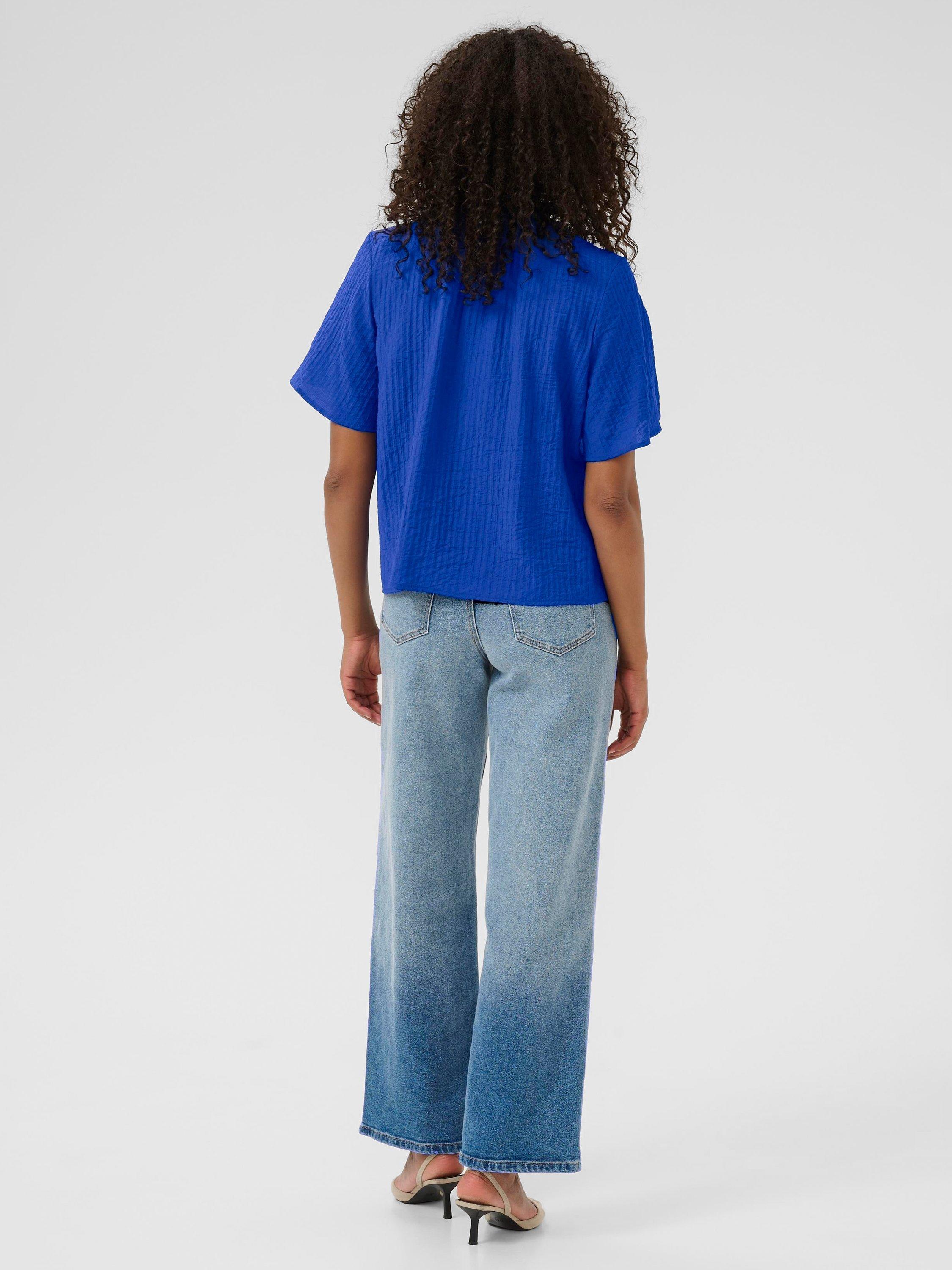 Product image 2 of 6, which shows KAFFE KAlianna Short Sleeve Tie Neck Blouse, Mid Blue, 8