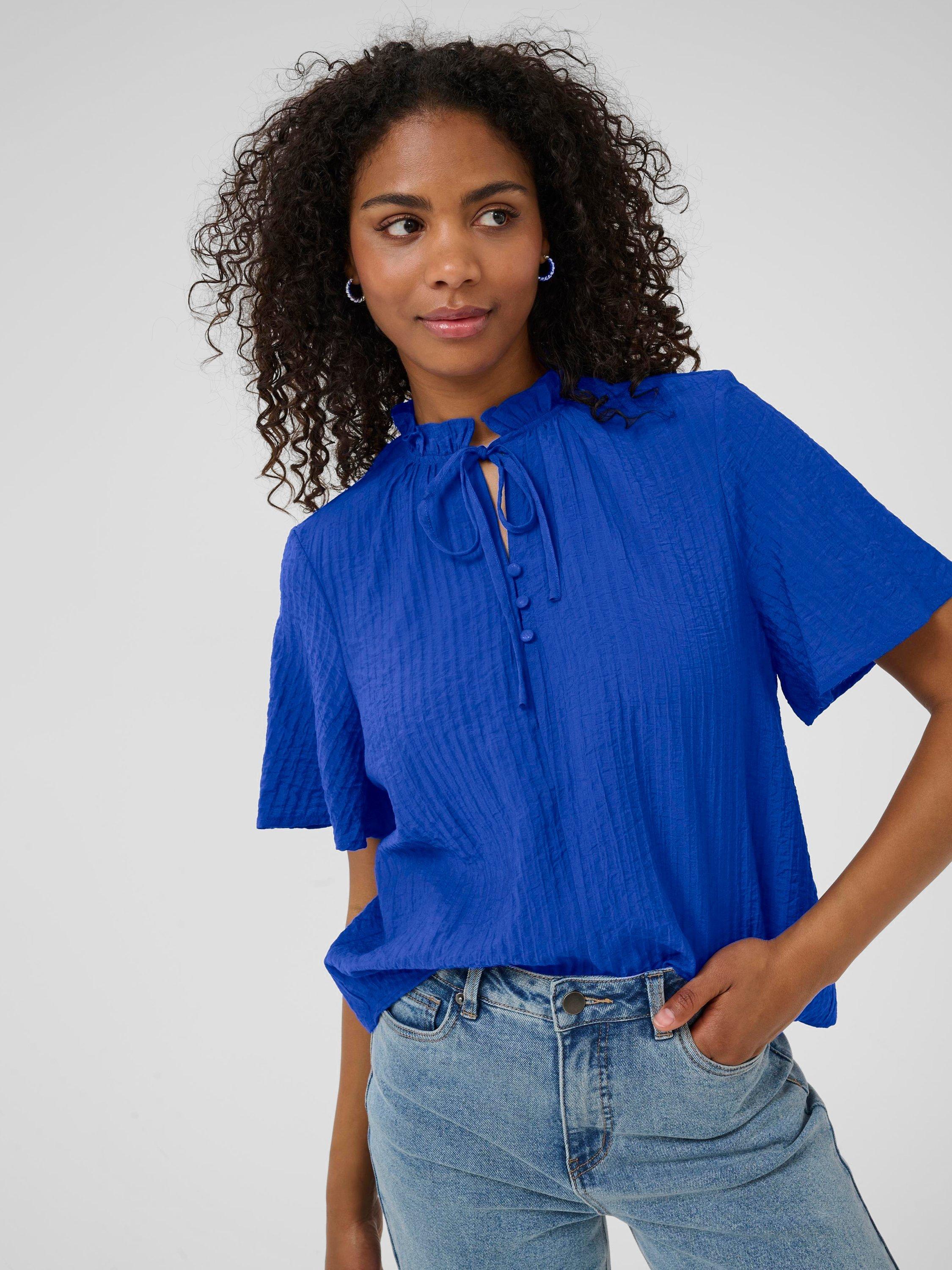 Product image 4 of 6, which shows KAFFE KAlianna Short Sleeve Tie Neck Blouse, Mid Blue, 8